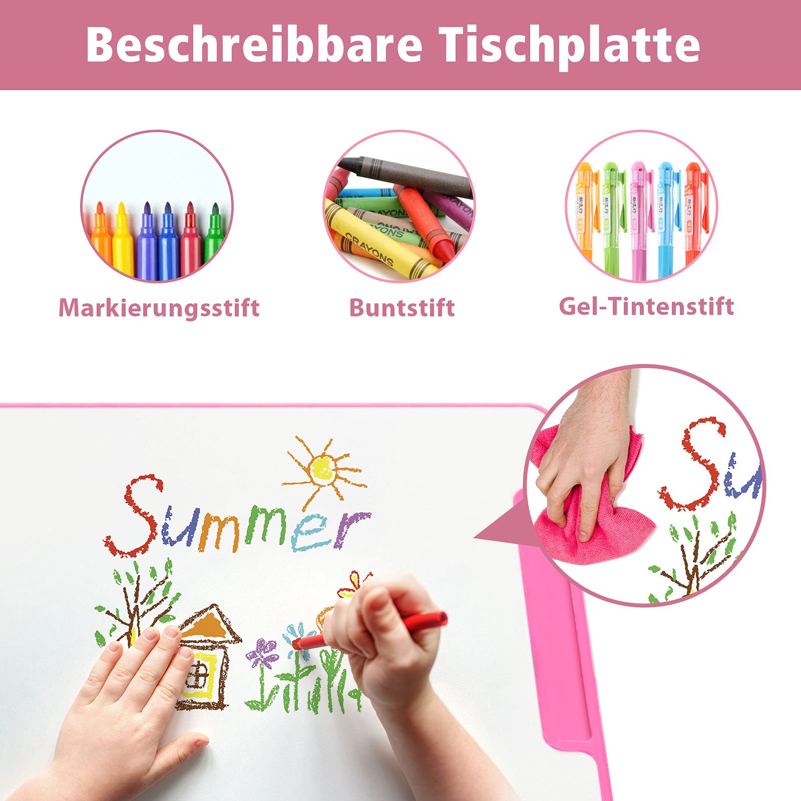 COSTWAY Kinderschreibtisch Set mit Bücherständer & LED-Licht, höhenverstellbarer Kindertisch und Stuhl mit gekippter Tischplatte & Schublade, Kinder Schreibtisch für Jungs & Mädchen (Rosa)