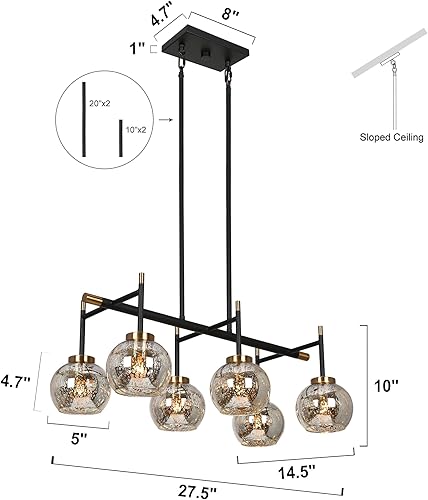 Miniatura 7 de KSANA Lámpara de comedor, moderna lámpara de metal negro dorado para isla de cocina con pantallas de cristal de mercurio, 27.5 pulgadas