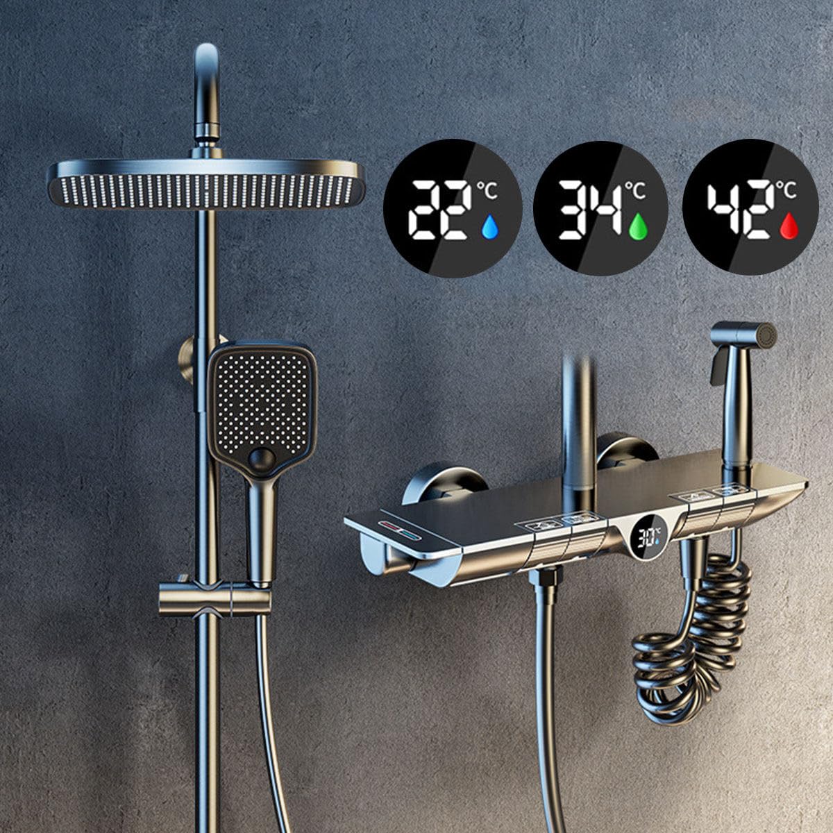 OZBMA Ornaments Thermostatic Shower System, Faucet Set, Square Set with Waterfall Bath Tap, Digital Display, Hydroelectric (Grey A)