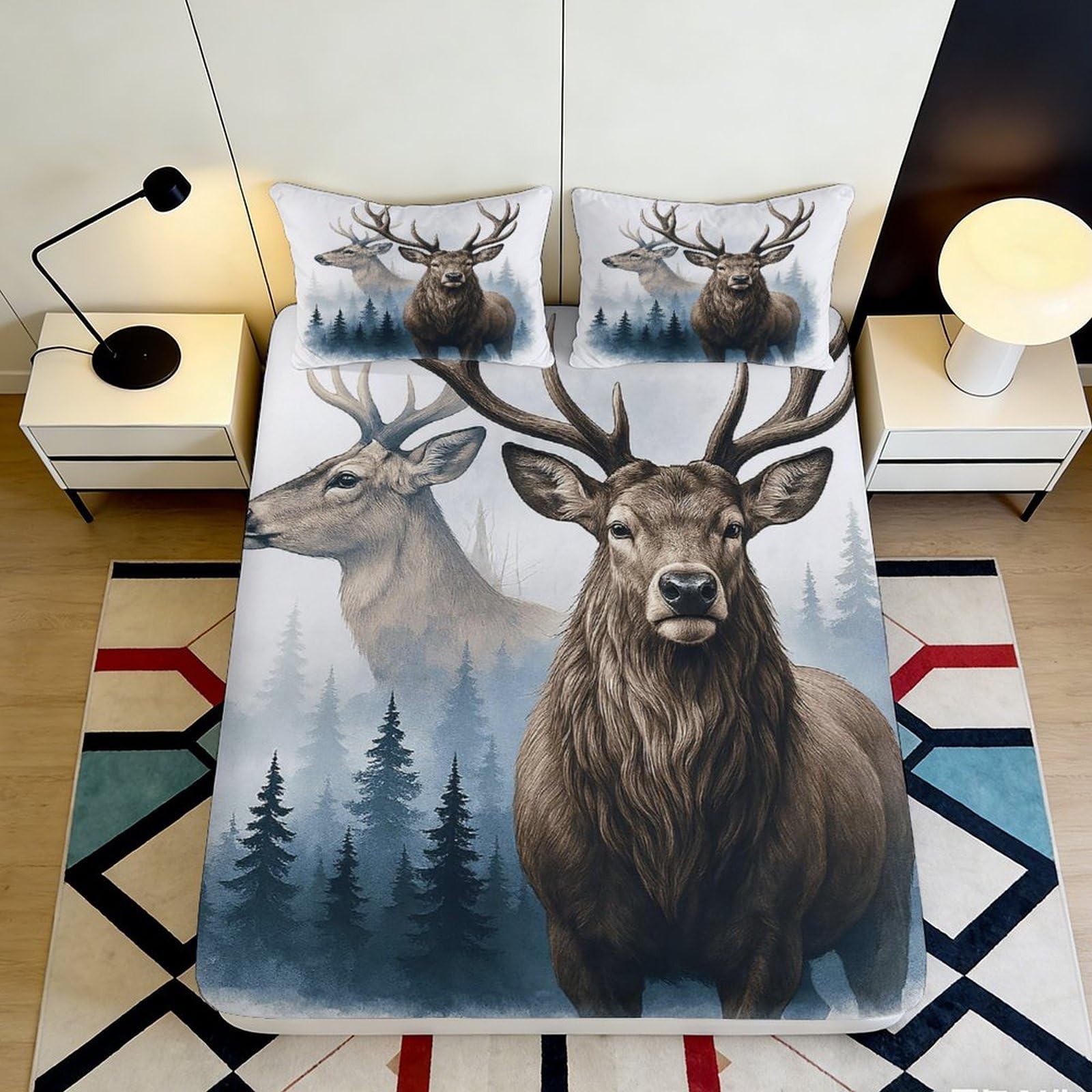 3D Printed Deer Forest Fitted Sheet Microfiber Soft Durable 3D Printed Elk Mattress Cover for Bedroom Dormitory Guest Room Mattress Protection 120x200x25cm