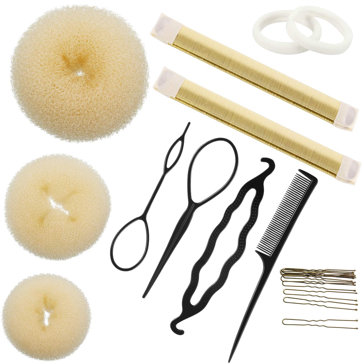 Hair Bun Maker Kit, Includes Donut Shapers, Bun Markers, Ponytail Tools, Bobby Pins, and Elastic Bands for Women and Kids (Beige)