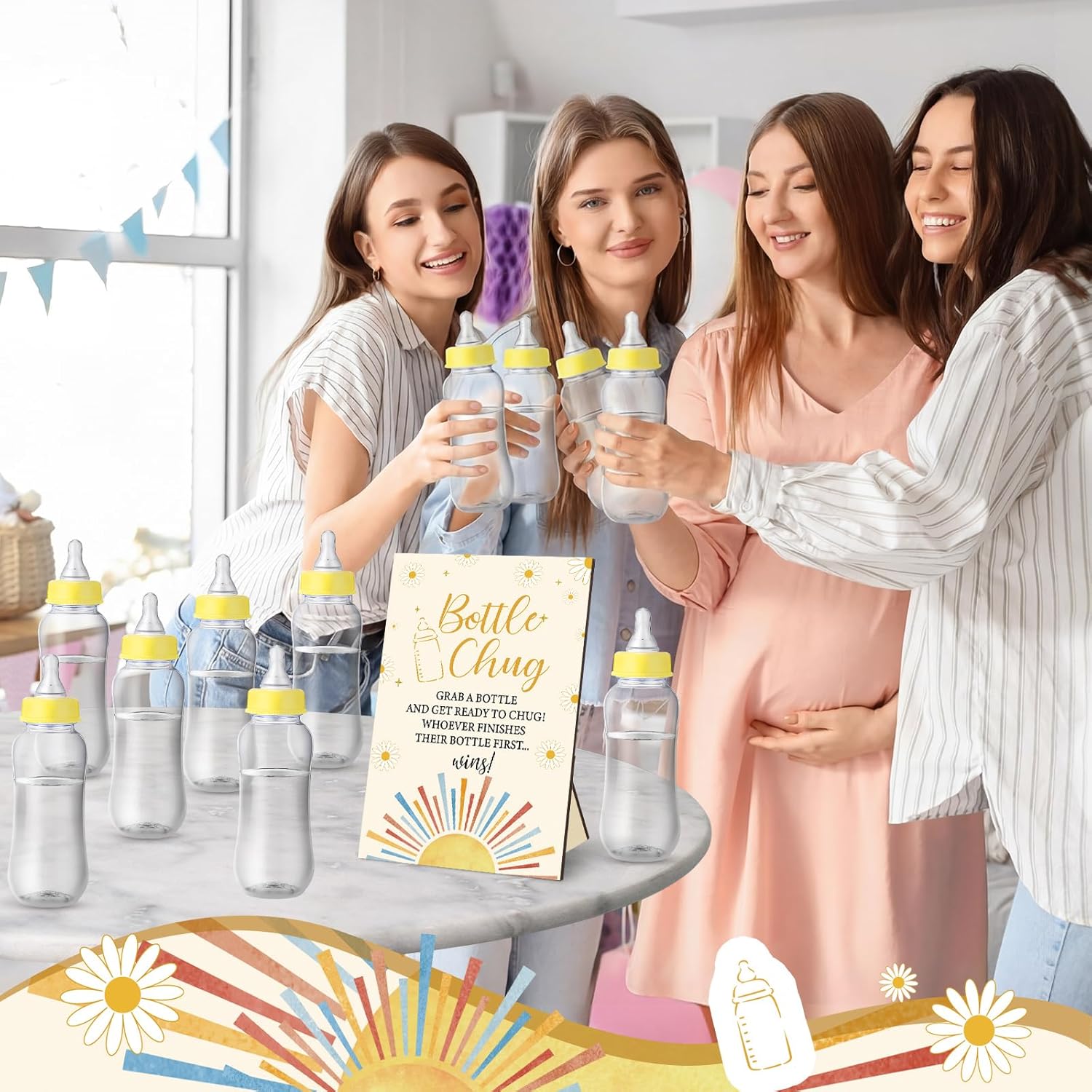 TrelaCo Cool Baby Shower Games Bottle Chug Sign and 12 Pcs Baby Bottle Shower Favor Bottles for Gender Reveal Games (Yellow, Here Comes The Son)