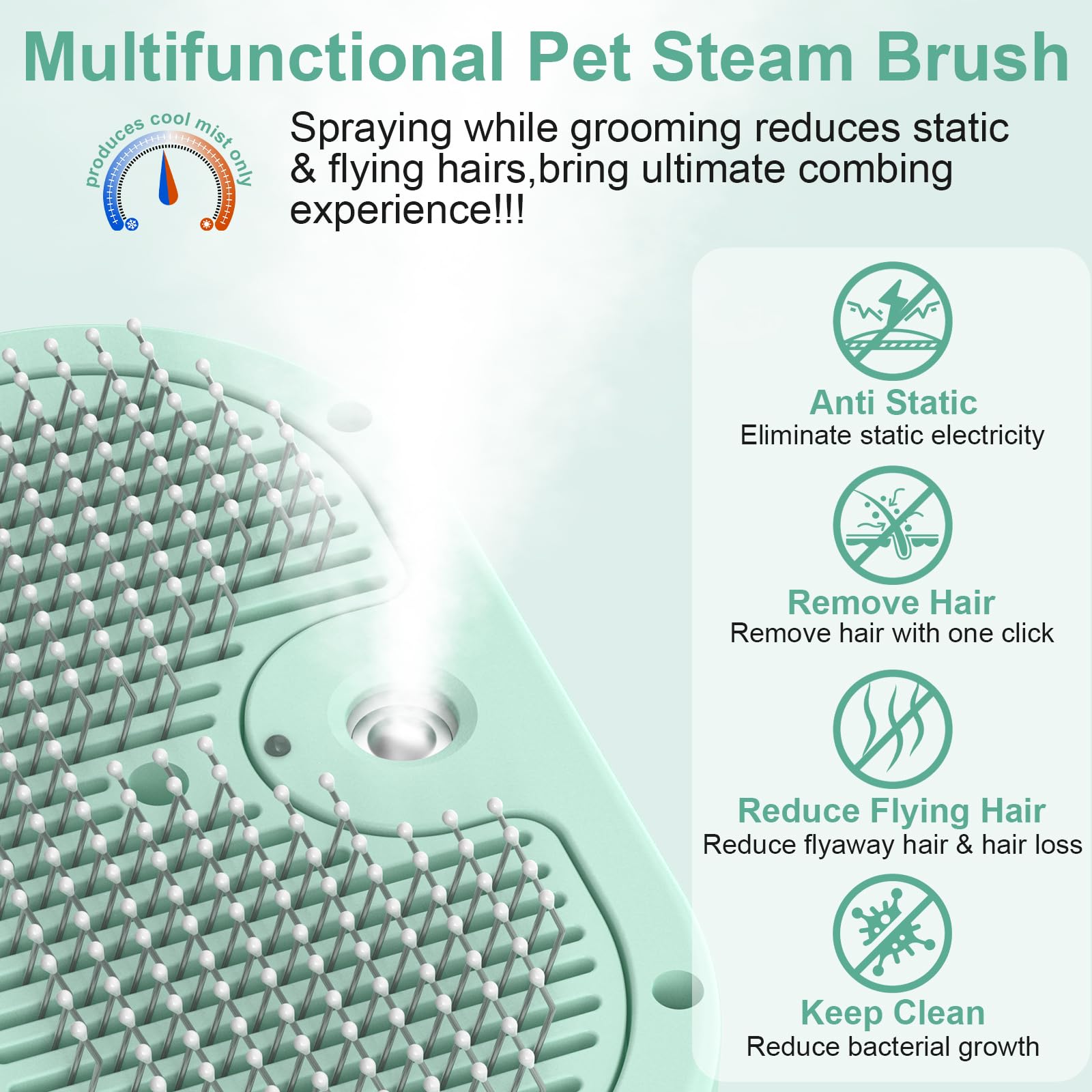 Cepillo para perros y gatos, cepillo de vapor para mascotas, cepillo de vapor para perros y gatos, peine antiestático de pelo largo y corto, herramienta de peluquería para mascotas, verde