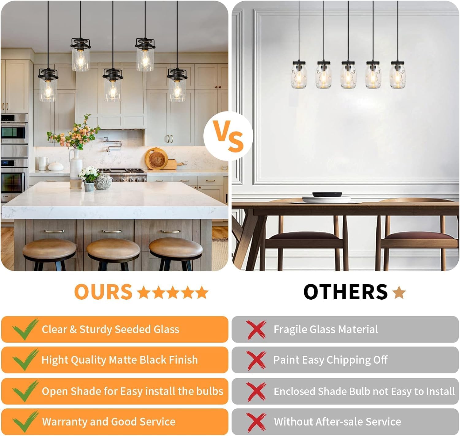 Pendant Light Kitchen Island Lighting, 5-Light Pendant Ceiling Light Fixture, 67.71 inches Hanging with Clear Glass Shade,Farmhouse Chandeliers for Dining Room Bedroom Hallway - Black