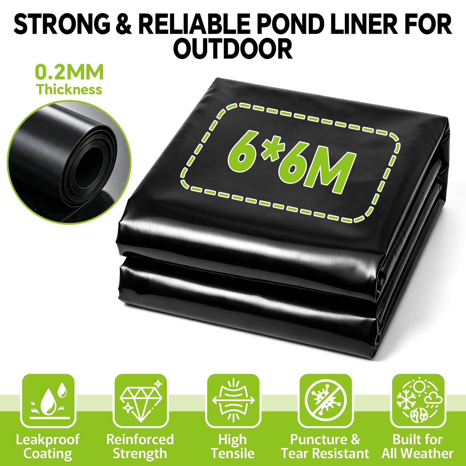 Telo per Laghetto, in HDPE Nero da 0,2 mm, 6 M x 6 M | Impermeabile, per Laghetti, Fontane, Giardini Acquatici e Cascate, Laghetti da Giardino, Vasche per Laghetti