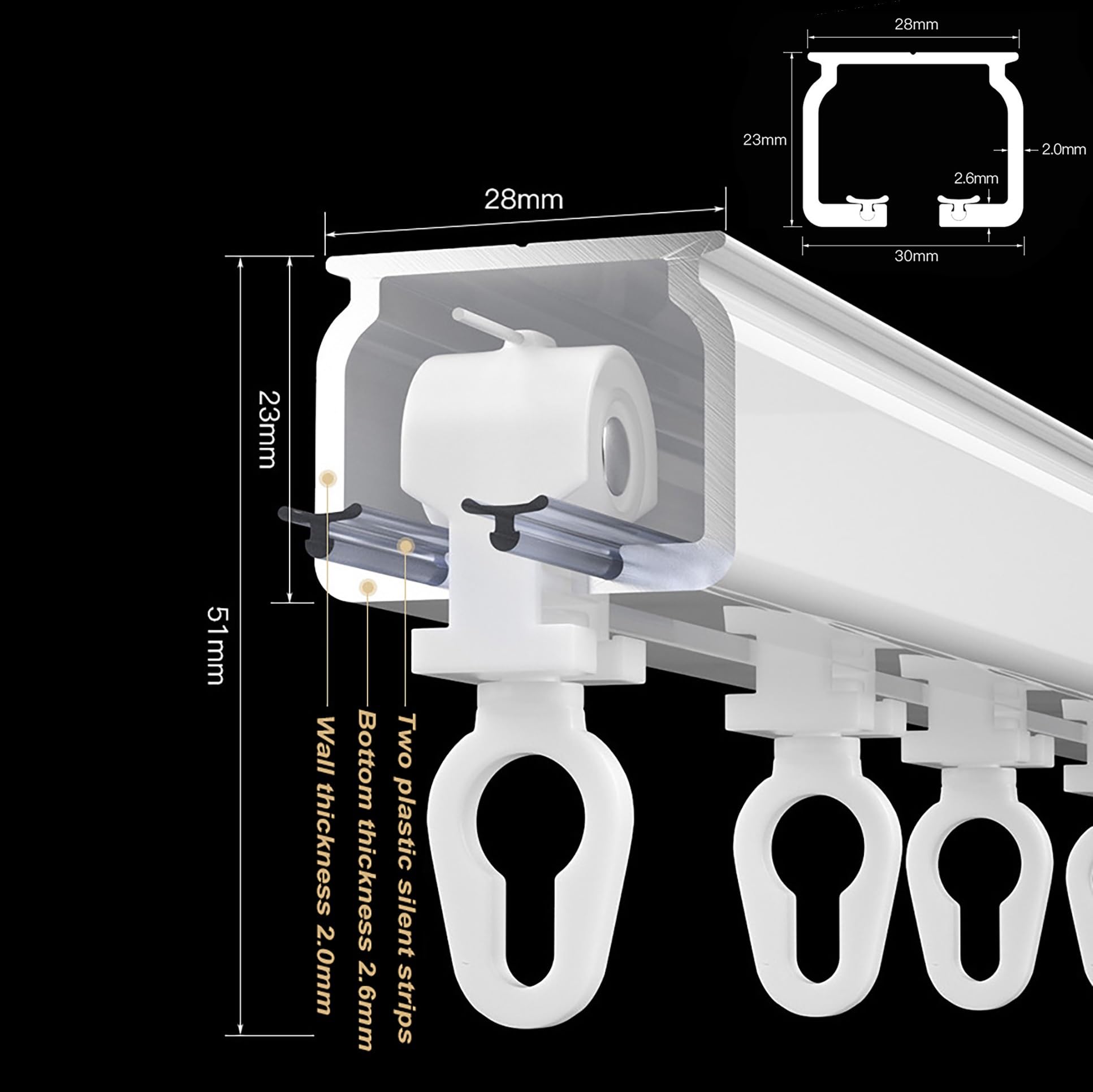 S Wave - Binario per tenda ondulato, 290 cm, in alluminio nero, montaggio a soffitto, con nastro adesivo, per tende lisce traverse, lunghezza regolabile da 100 a 600 cm