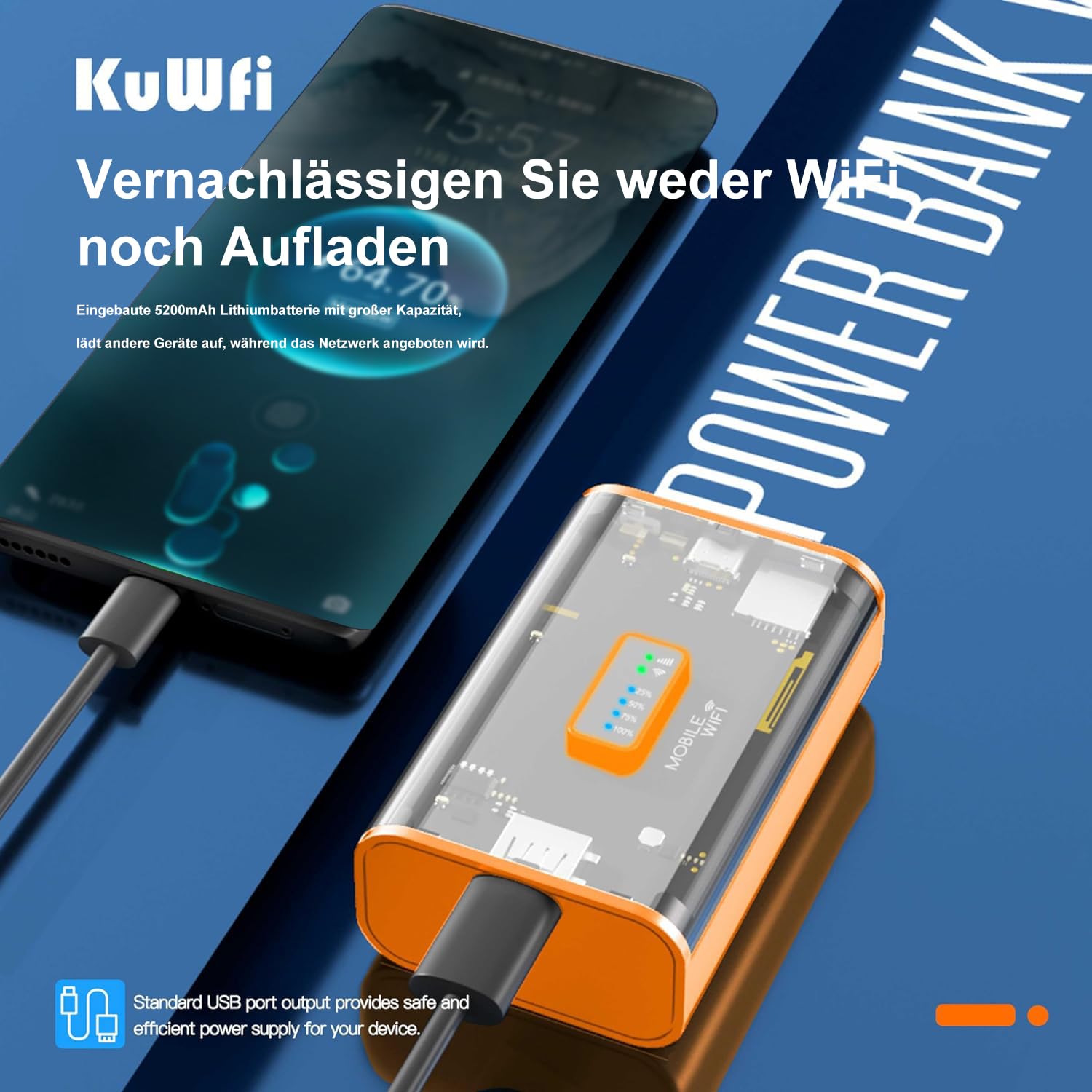 KuWFi Mobilny router 4G LTE WLAN (4G/LTE do 150 Mbit/s do pobrania / 50 Mbit/s upload, przenośny hotspot, akumulator 5200 mAh, kompatybilny ze wszystkimi europejskimi kartami SIM), Plug & Play, do