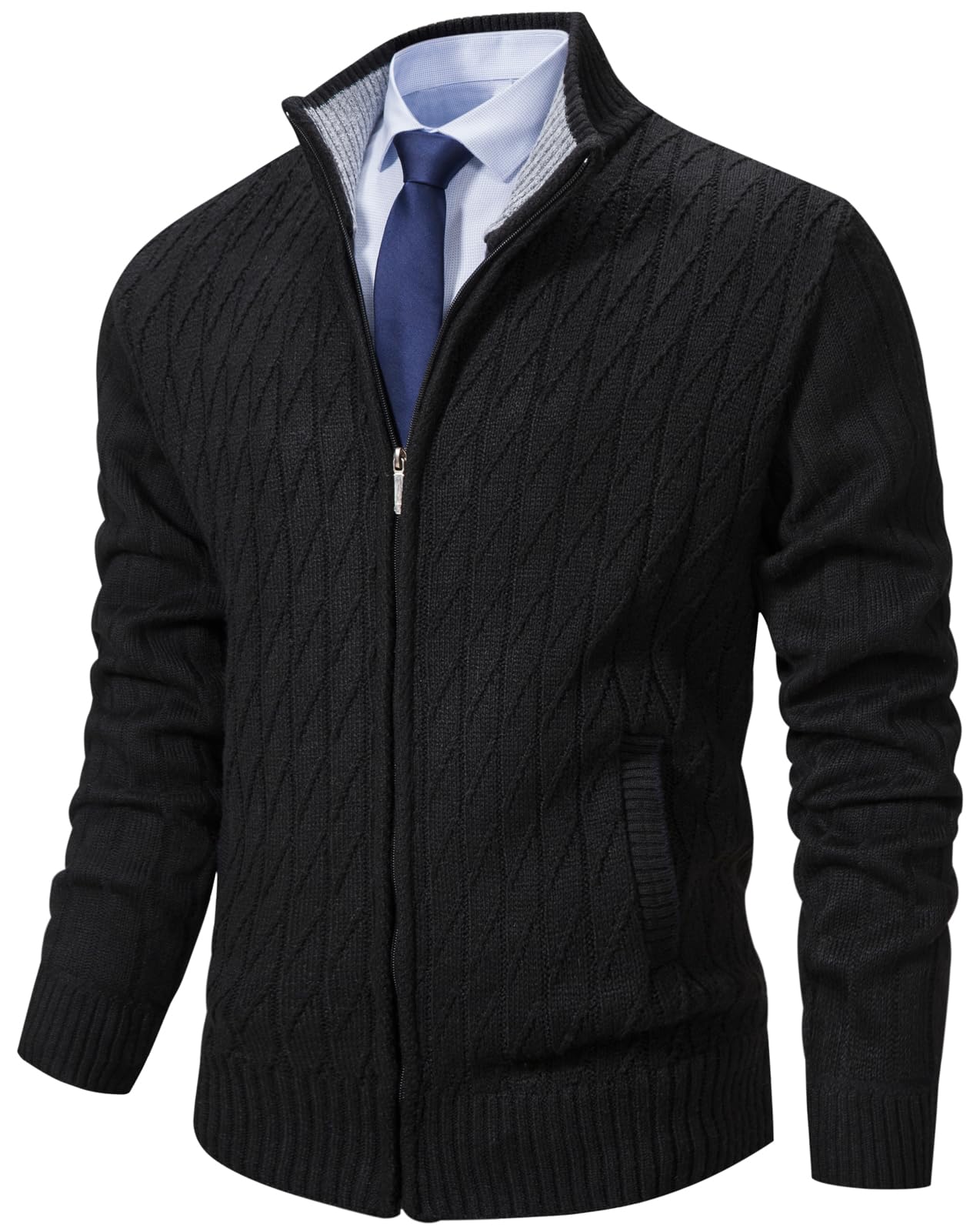 XinYangNi Mens Cardigan Sweaters Knit Zipper Casual Slim Fit Stand Collar with Full Zip and Pockets