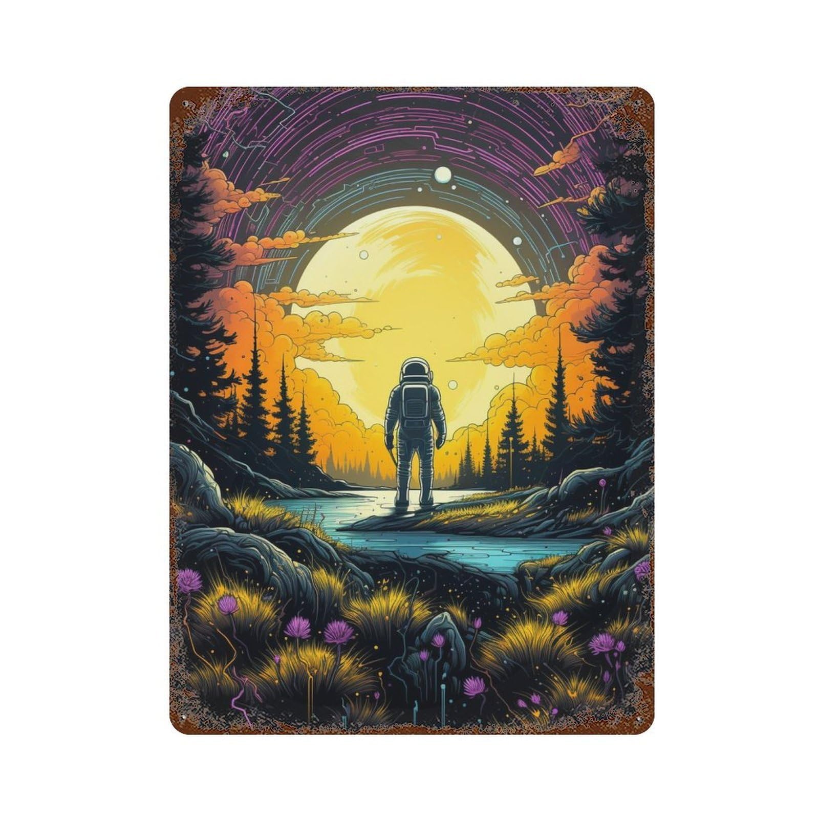 Astronaut Forest Sunset Distressed Metal Wall Sign 15.7"x11.8", Ideal for Pub, Kitchen And Man Cave Decor