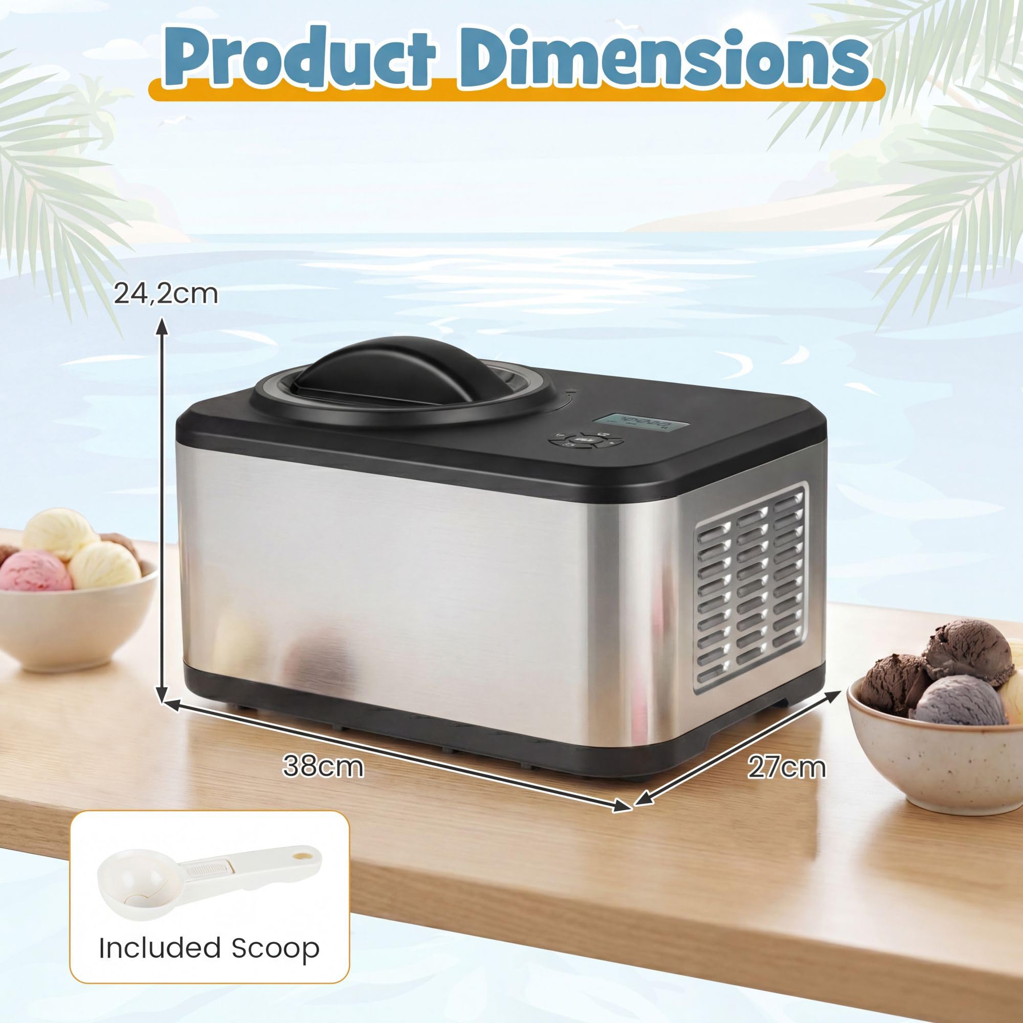 LIFEZEAL Gelatiera Autorefrigerante 1,5 L con Compressore, 120W Macchina per Gelato 4 Modalità, per Frozen Yogurt e Gelato, Display LED, Timer 24H, Cestello Rimovibile e Misurino, Acciaio Inox, Nero