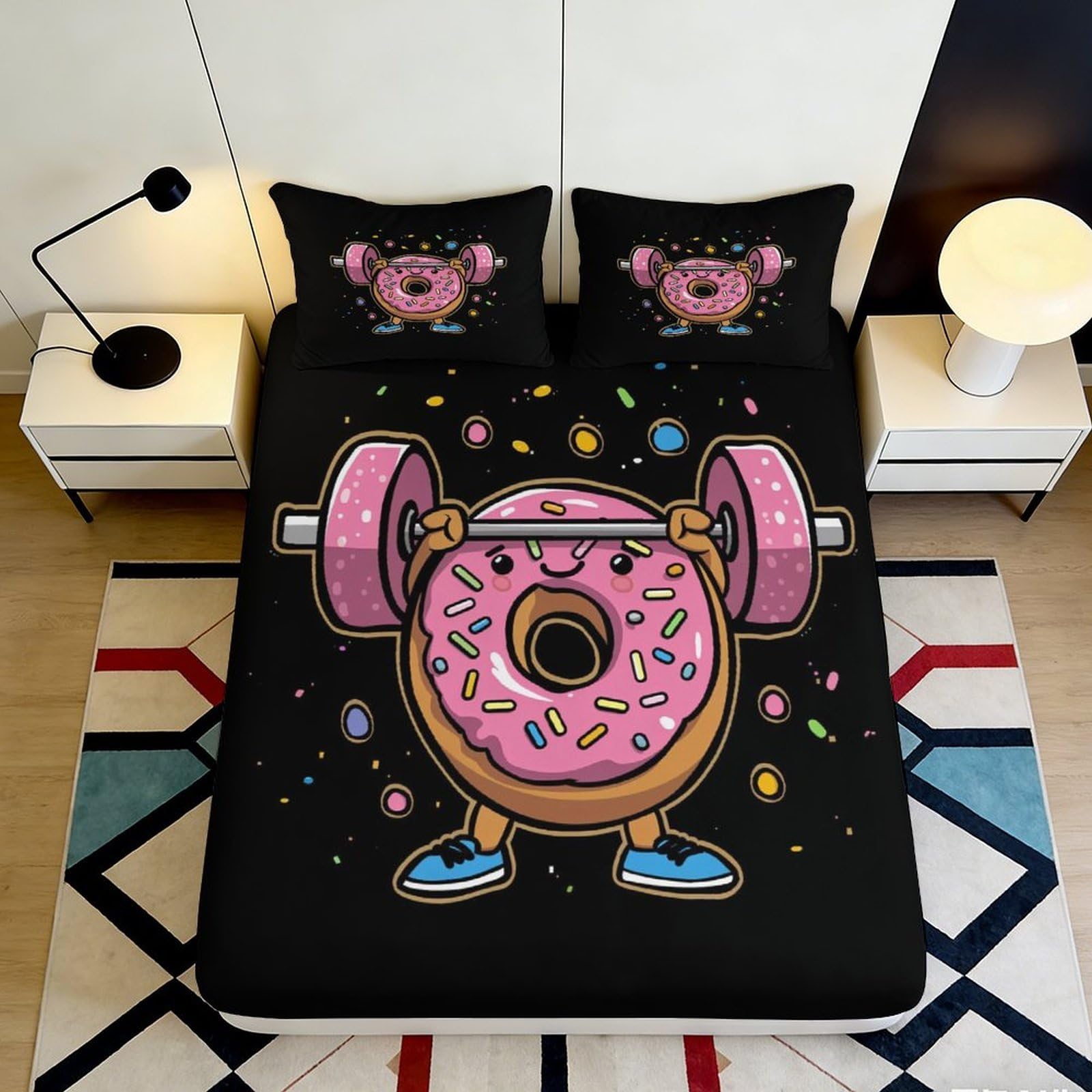 3D Printed Pink Donut Fitted Sheet Microfiber Soft Breathable Cartoon Weightlifting Bed Cover for Bedroom Dorm Decor 90x200x25cm