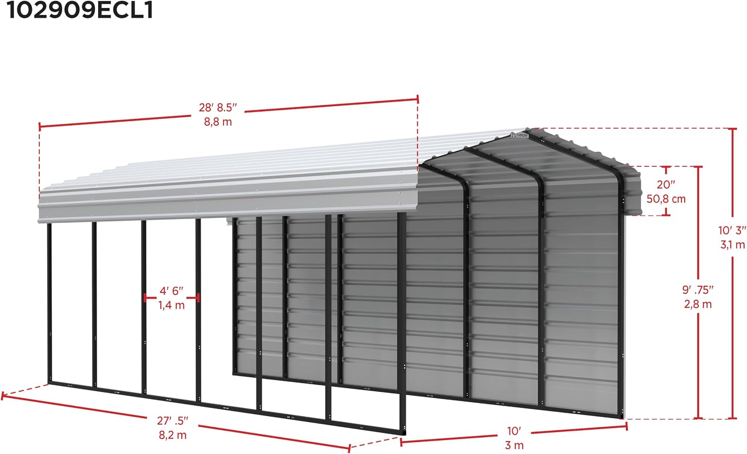 Arrow Carports Galvanized Steel Carport, with 1-Sided Enclosure, Compact Car Metal Carport Kit, 10' x 29' x 9', Eggshell