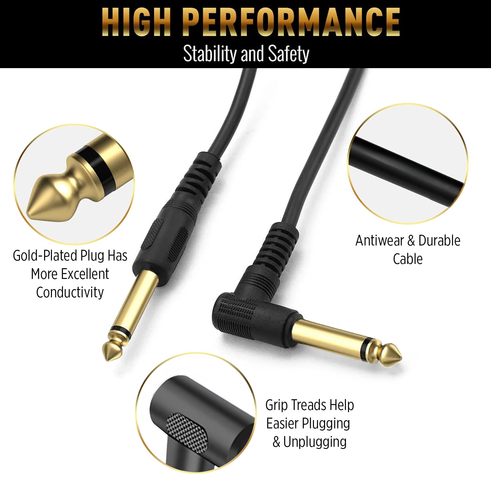 Guitar Cable 3M, Instrument Lead with 6.35mm (1/4") Straight to Right Angle Jack Plugs - Image 2