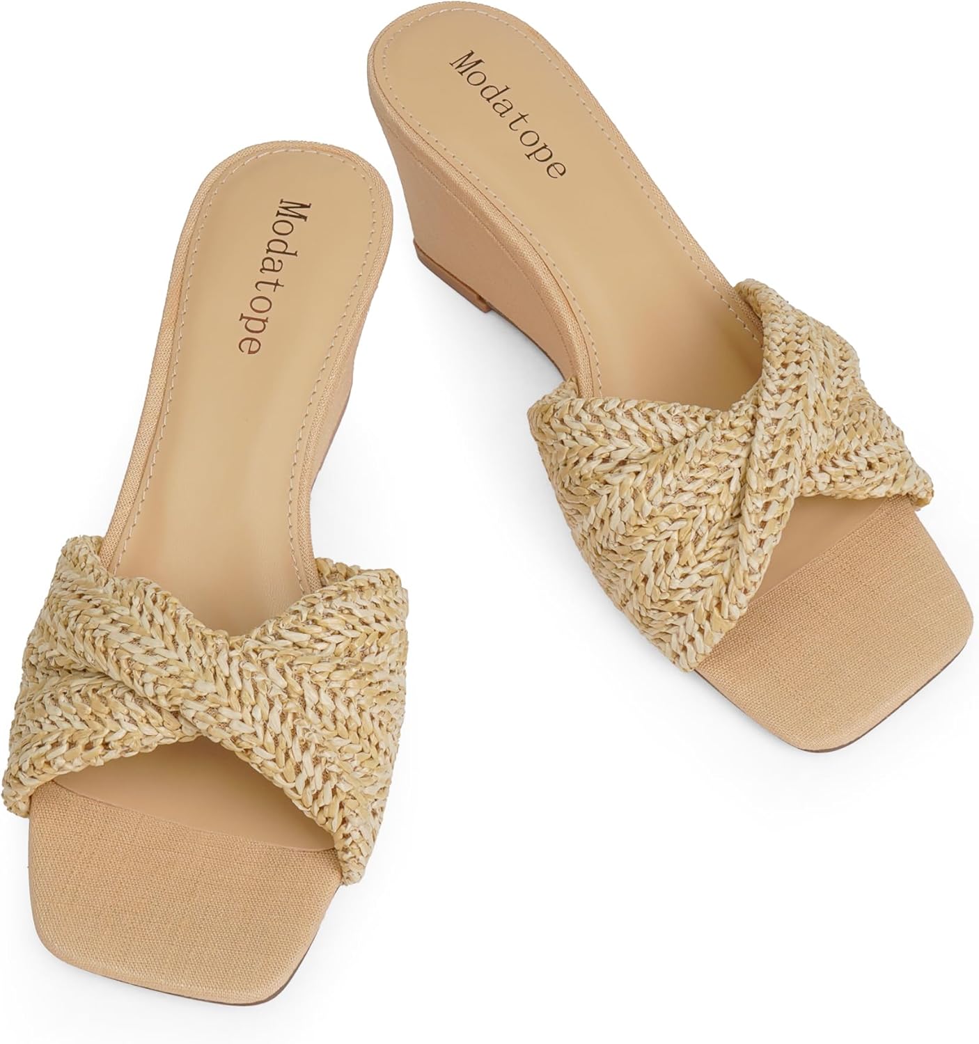 Modatope Wedge Sandals for Women Braided Wedge Heels Square Open Toe Raffia Dressy Womens Sandals - Image 5