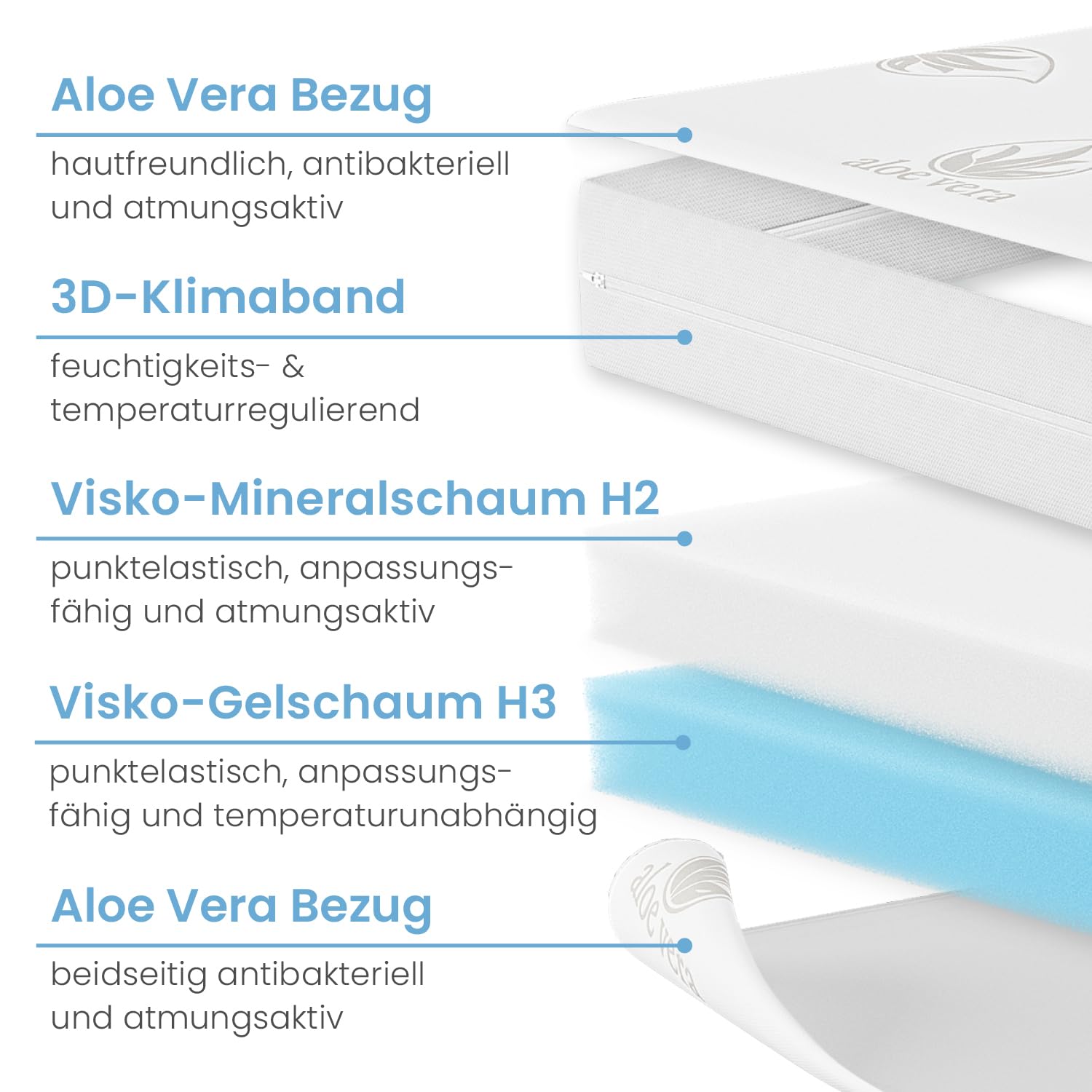 ELONEO Viskoelastischer Matratzen-Topper 100 x 200 cm, MemoryFoam Komfort Matratzenauflage, Viscoauflage, Wendefunktion mit 2 Härtegraden, inkl. Aloe Vera Bezug