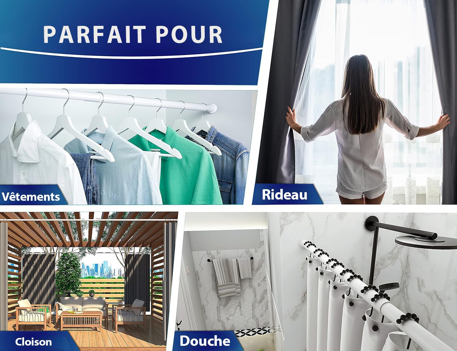 MEISENBERG Tringle a Rideaux Sans Percage, 260-310 cm, Blanc, Ø 32 mm, Barre Douche Extensible pour Fenêtre, Salle de Bain, Terrasse et Cloison