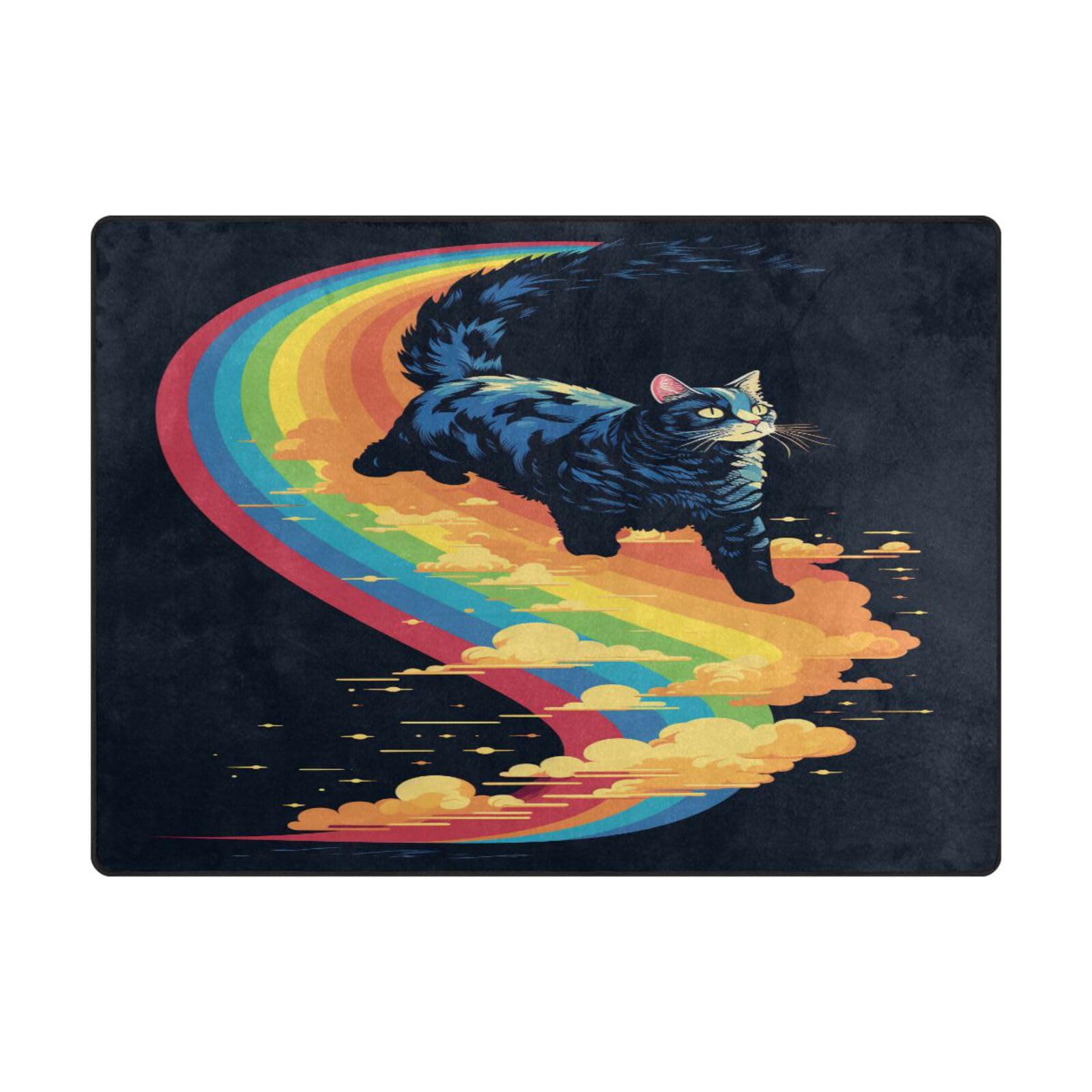 Tapis de sol contemporain chat et arcs-en-ciel pour réchauffer un grand salon
