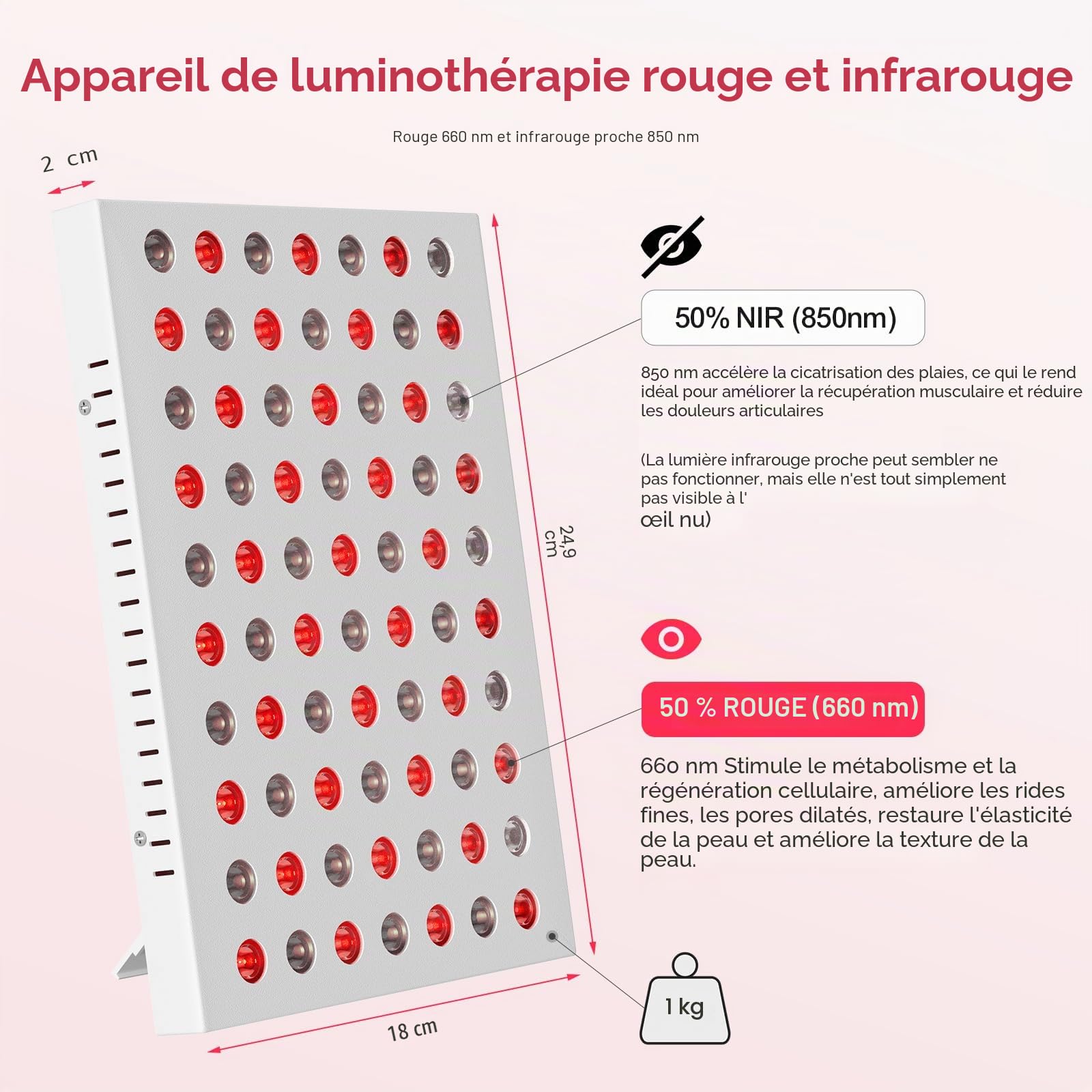 Lampe Infrarouge, Zrwuldu Lampe Lumière Rouge Combo 660nm et 850nm, 70 LED Red Light avec Minuterie et Support, Panneau de Lumière Rouge (Ne Produit Pas de Chaleur)