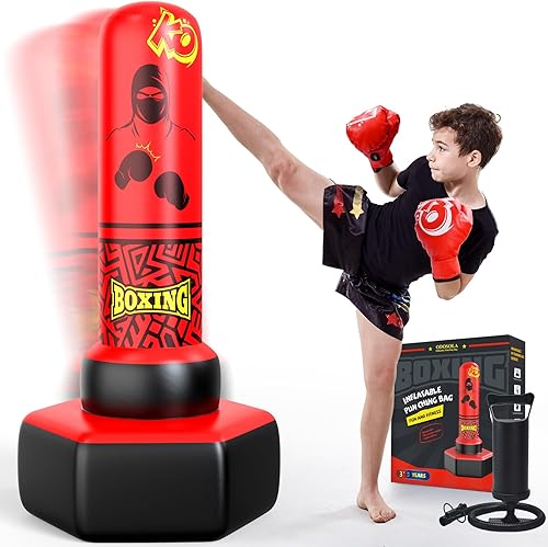 67'' Inflatable Punching Bag Freestanding for Kids Aged 3-12 Heavy Duty Boxing Set for Karate & Taekwondo, Stable Boxing Bag Active Kids Toy,