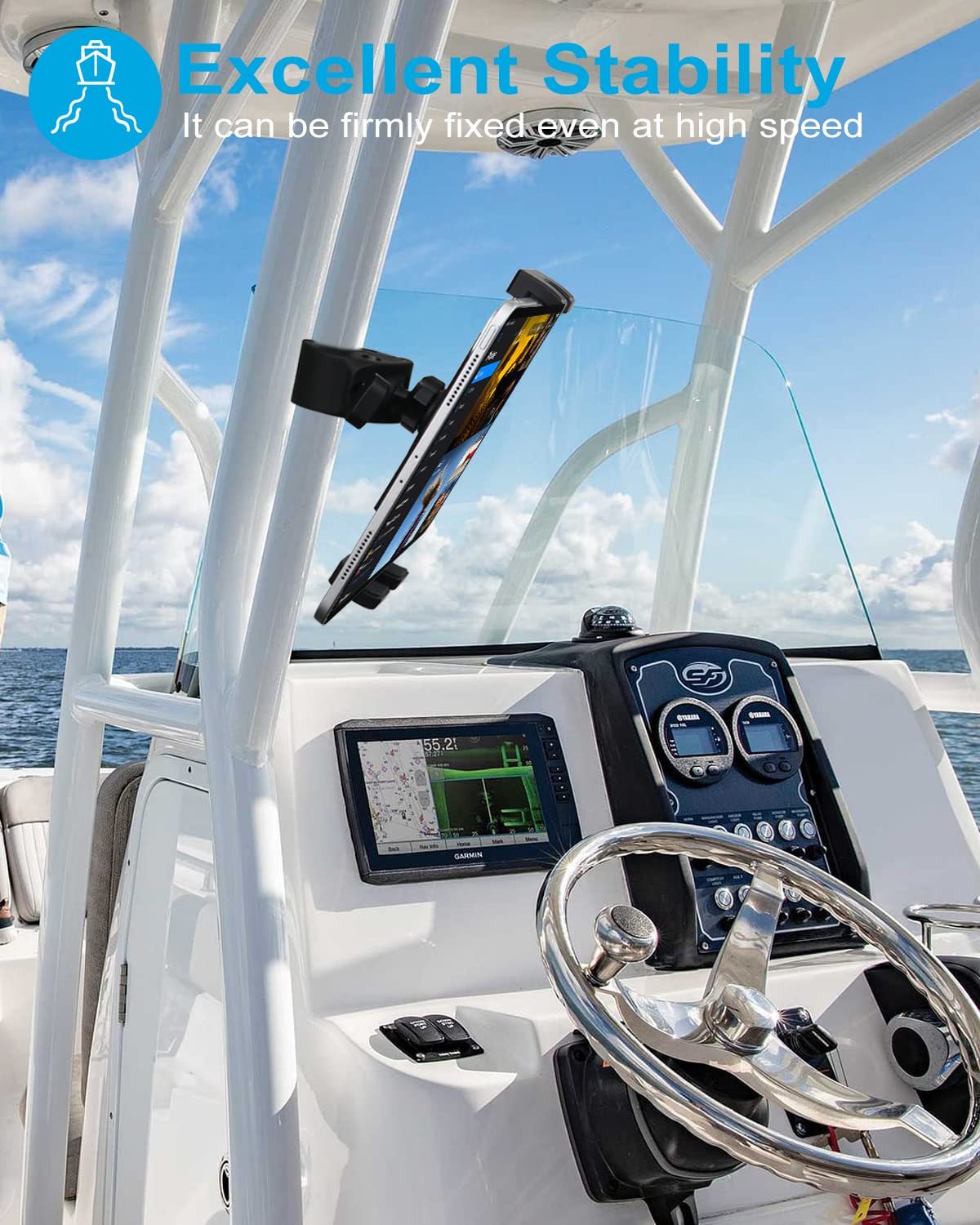 Boot Ruder Tablet Halterung für 4,7-13 Zoll iPad, 360° Drehung Marine Rail Tablet Halter, Bootslenkrad Tablethalterungen für iPad Pro/Air/Mini, Smartphone, Galaxy Tab, Fire HD, iPhone