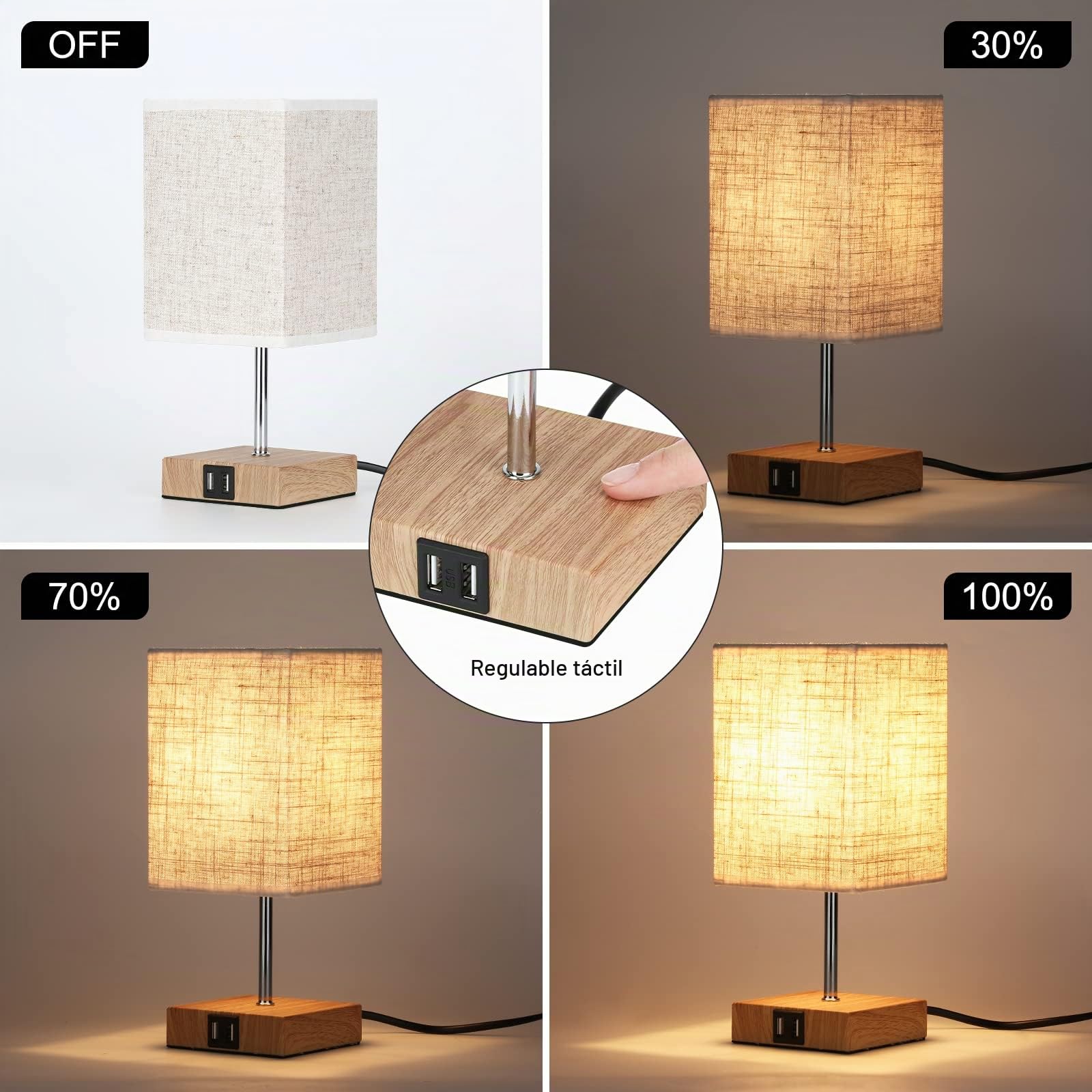 Lightess 2 Piezas Lámparas de mesa USB Touch Regulables Modernas con Base de Madera Lámpara de Noche Retro Pantalla de Tela con Bombilla E14 Blanco Cálido Para Sala de Estar Dormitorio Mesa, Beige | Lámpara noche retro regulable por touch USB, blanco cáli
