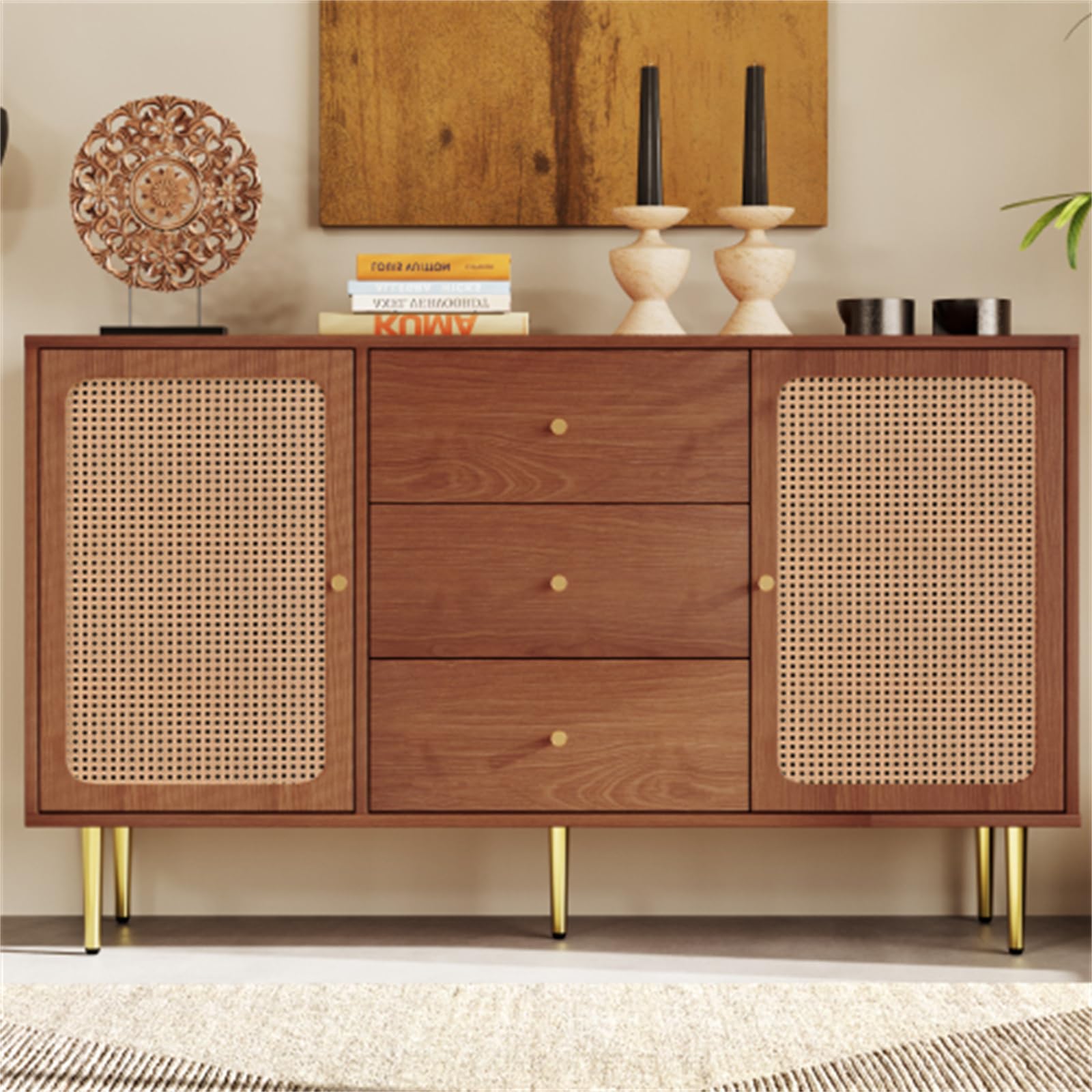 Mobile da ingresso alla moda retrò, mobile ausiliario in legno di rattan con 2 ante e 3 cassetti, ripiano regolabile con credenza con fibbia magnetica sulla porta, facile da montare