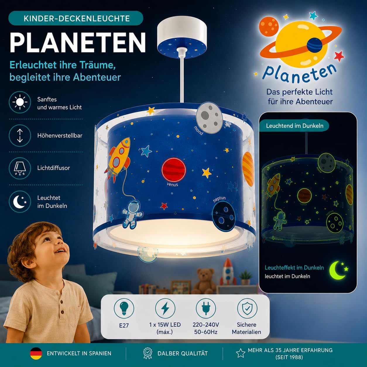 Dalber Lampe kinderzimmer, kinderlampe Pendelleuchte Hängelampe, Deckenleuchte Kinder, Deckenlampe kinderzimmer, Planets Planeten Raum, 41342M, E27, Türkis | Hängelampe; Deckenleuchte; Kinderzimmer; E27 - 1 x 15W