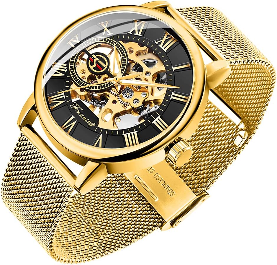 Men's Skeleton Watch Classic Roman Numeral Steampunk Mechanical Watch Hand-Wind Mens Watches (Blue)
