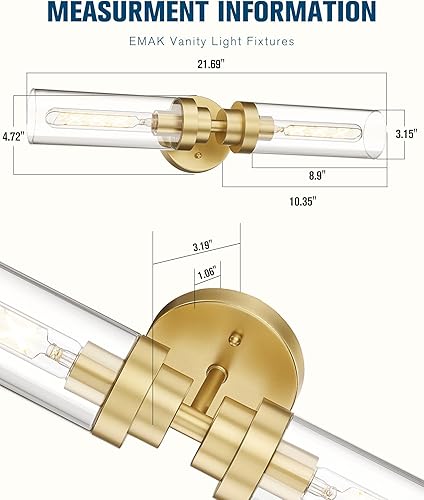 Miniatura 4 de Emak Moderna lámpara dorada de 22 pulgadas para espejo de baño, luces cilíndricas de tocador para espejo, apliques de pared de 2 luces con vidrio