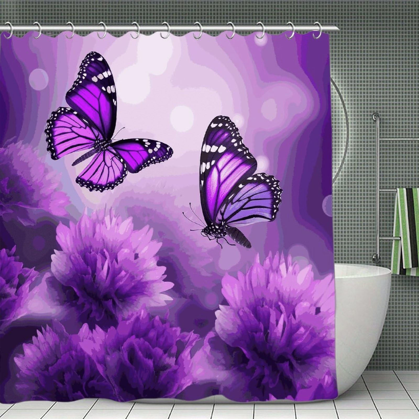 FekiLoot Purple Flower Butterflies Shower Curtain Minimalist Thick Bathroom Curtain Washable Modern Bathroom Shower Curtain Heavy Duty Waterproof Cloth Bath Curtain with Hooks 70.8"x70.8"