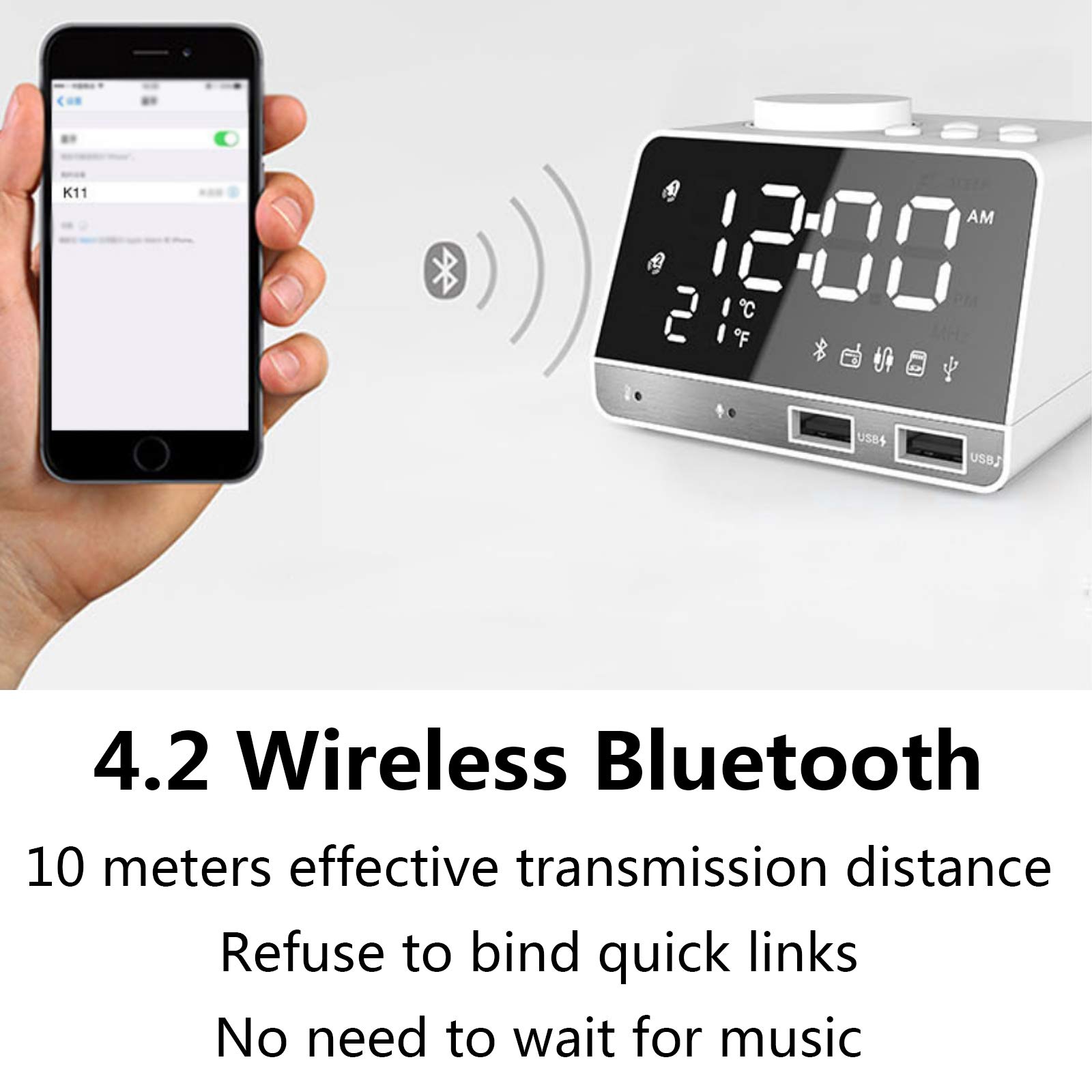 Réveil subwoofer avec chargement sans fil, horloges numériques pour la maison, haut-parleur Bluetooth avec port USB, double alarme, 3 luminosités réglables, lecteur, grand écran LED miroir pour