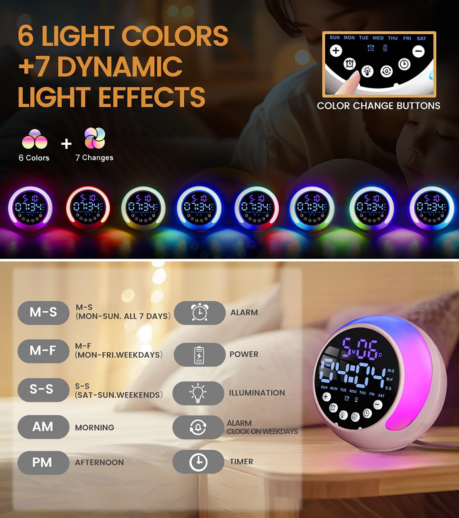 Sonnenaufgang-Wecker mit Farbwechselndem Nachtlicht, 13 Dynamischen Modi und 5 Helligkeitsstufen, Digitaler Wecker für Schlafzimmer, Kinderzimmer, Timer, Kompaktes Design