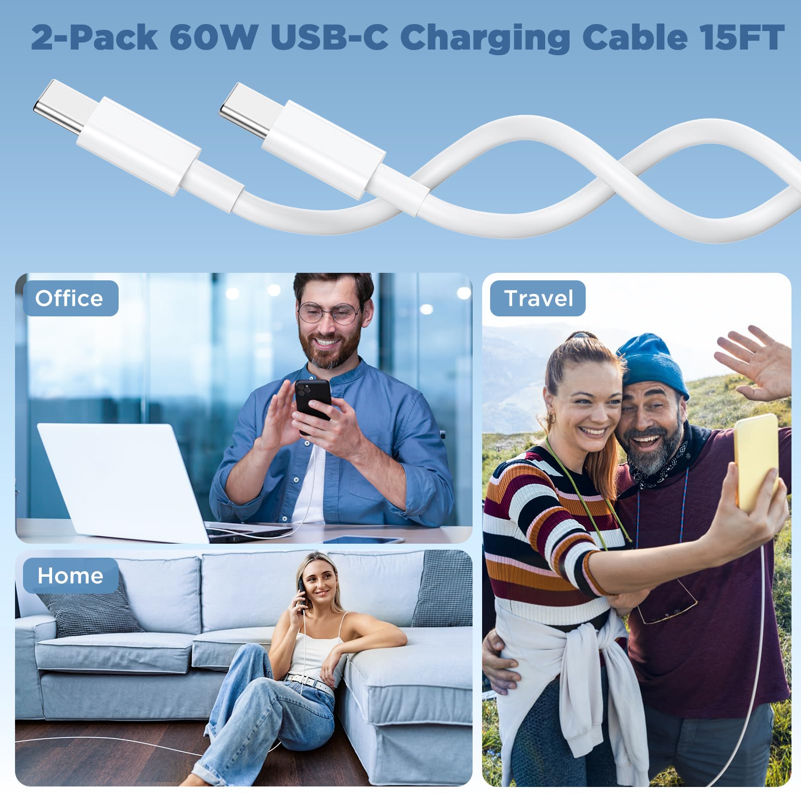 Cable largo USB C a USB C de 15 pies para iPhone 16 15 Pro Max, 60 W de carga rápida tipo C a tipo C para iPhone 16 15/16 15 Plus/16 15 Pro, iPad Pro/Mini/Air, MacBook, Galaxy S25 Ultra S24-blanco