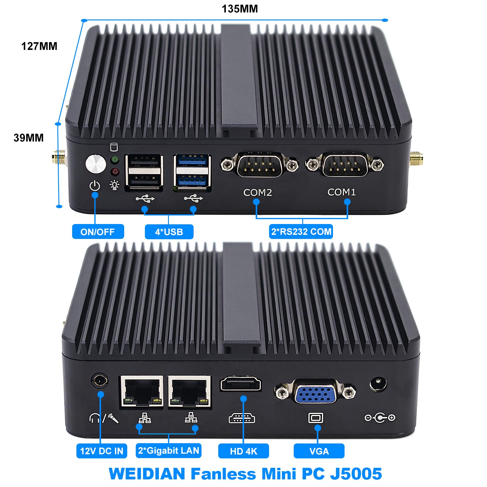 WEIDIAN Industrial J5005 Fanless Mini PC sin Ventilador, 8GB RAM 128GB SSD, Win 11 Pro 2xCOM RS232, 2xGigabit LAN, 2xDisplays HD VGA PC Ordenador for Industrial Negocio Oficina Auto Power On