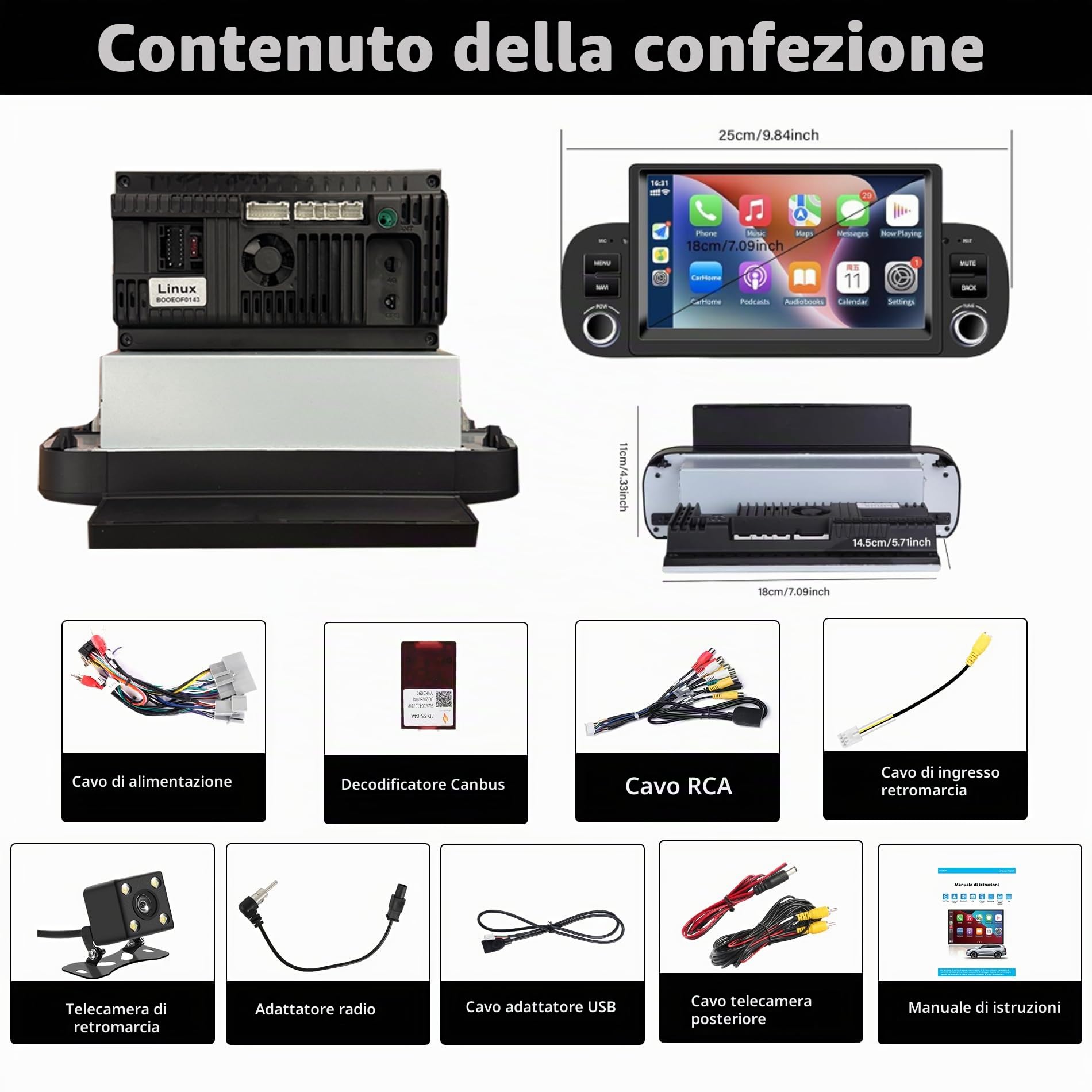 Autoradio Fiat Panda 2013-2020 con Android Auto y CarPlay Inalámbrico, 7" Pantall Radio Coche Bluetooth Estéreo IOS Android con FM GPS Navegación USB Cámara Trasera Mic Reproductor Multimedia