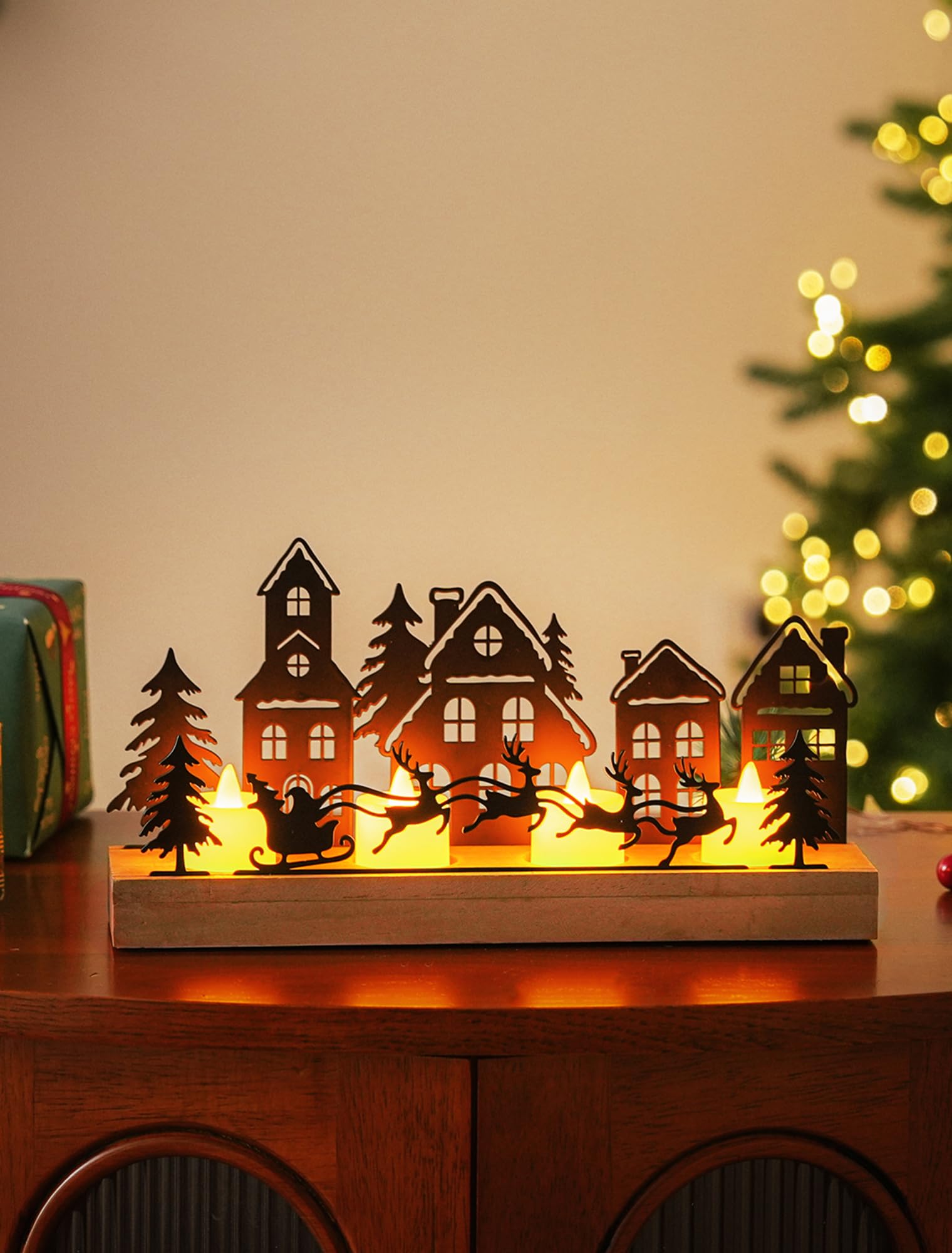 Sziqiqi Adventskranz Holz Teelichthalter Weihnachten: Länglich Adventsgesteck Kerzenständer Weihnachten mit Metall Hirsch für Weihnachtsdeko Tisch