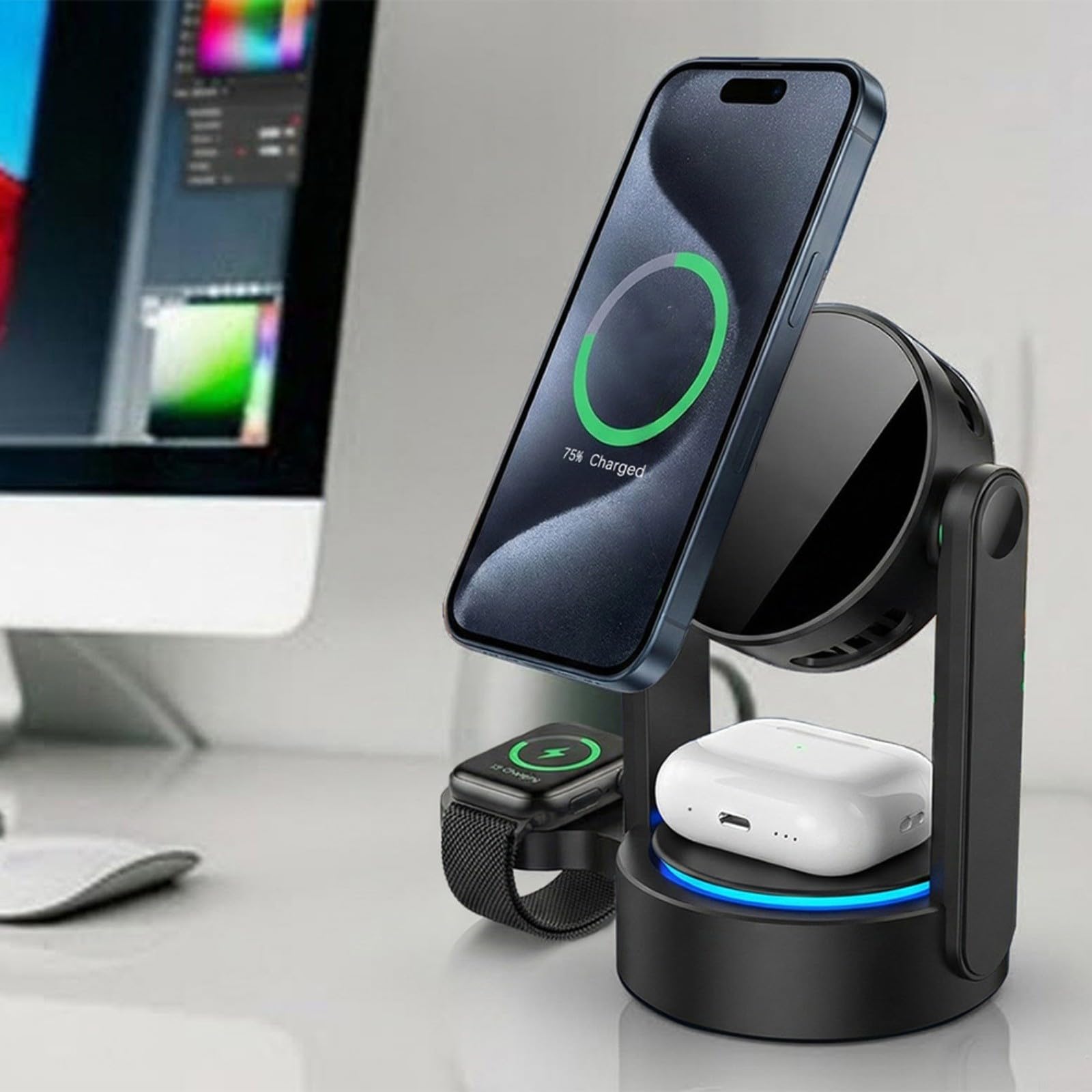 Cargador inalámbrico magnético 3 en 1, soporte de carga rápida de 25 W con rotación automática, para iPhone 16/15/14/13/12, reloj y para AIRPODS, viajes (15 W negro)