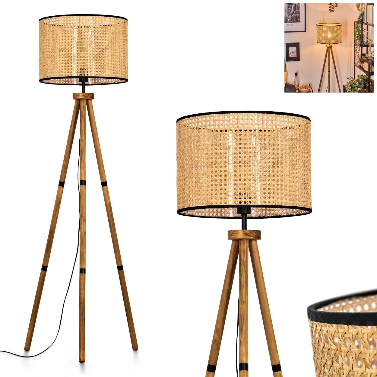 Lámpara de pie Ramila, de madera/ratán/mimbre vienés en colores naturales/negro, lámpara de diseño escandinavo con pantalla redonda (Ø 40 cm) e interruptor de pie, altura 153 cm, 1x E27, sin bombilla