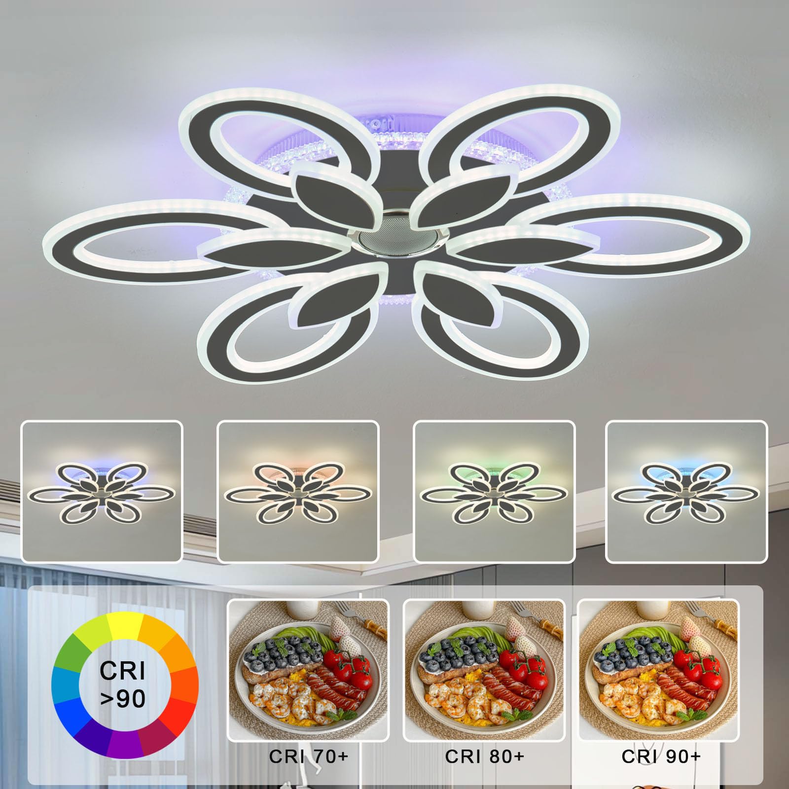 Intelligente Plafoniera Dimmerabile Bluetooth Lampadario,Funzione Di Memoria con Elevata Resa Cromatica Moderno e Senza Sfarfallio Luce Notturna Ceiling Light,per Soggiorno e Camera Da Letto,Nero