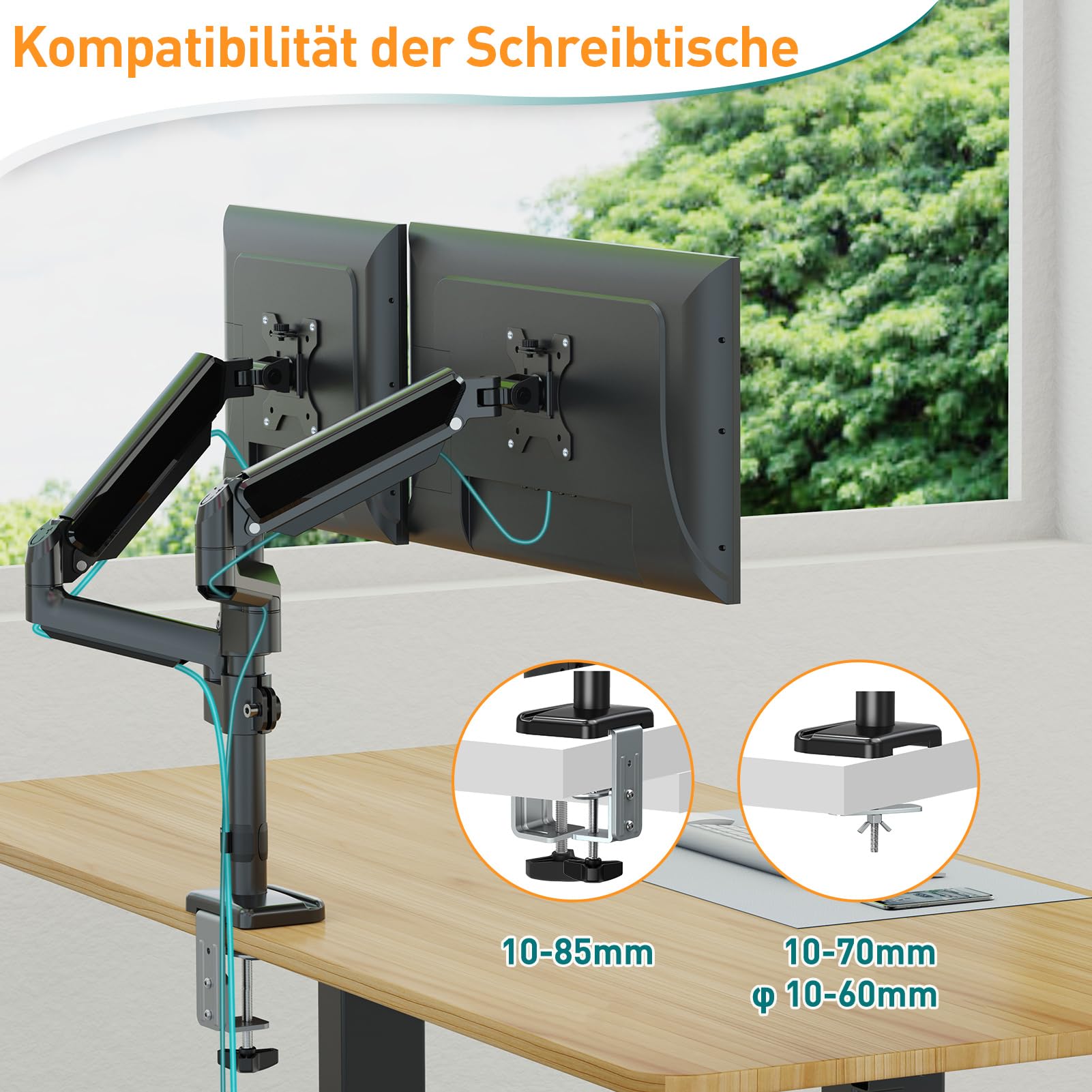 ELIVED Soporte para 2 monitores para monitor de 13-32 pulgadas con VESA 75/100 | EV6032 - Muelle de gas (2 soportes, giratorio 360°, 9 kg/brazo, altura regulable)