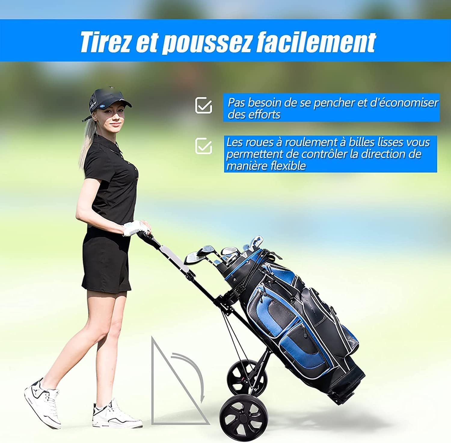 GYMAX Chariot de Golf à 2 Roues, Voiturette Golf Pliable avec Tableau de Score, Chariot de Golf Manuel avec Cadre en Acier Stable et Robuste, 97,5 x 68 x 111 cm