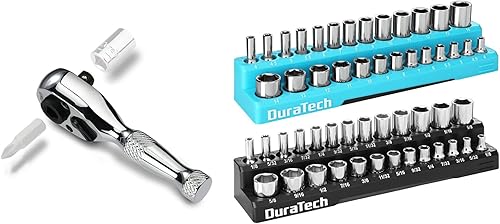 DURATECH Juego de llave de trinquete rechoncha de 14 pulgadas y organizador de llaves magnéticas, 14 de pulgada SAE y soportes métricos para caja de