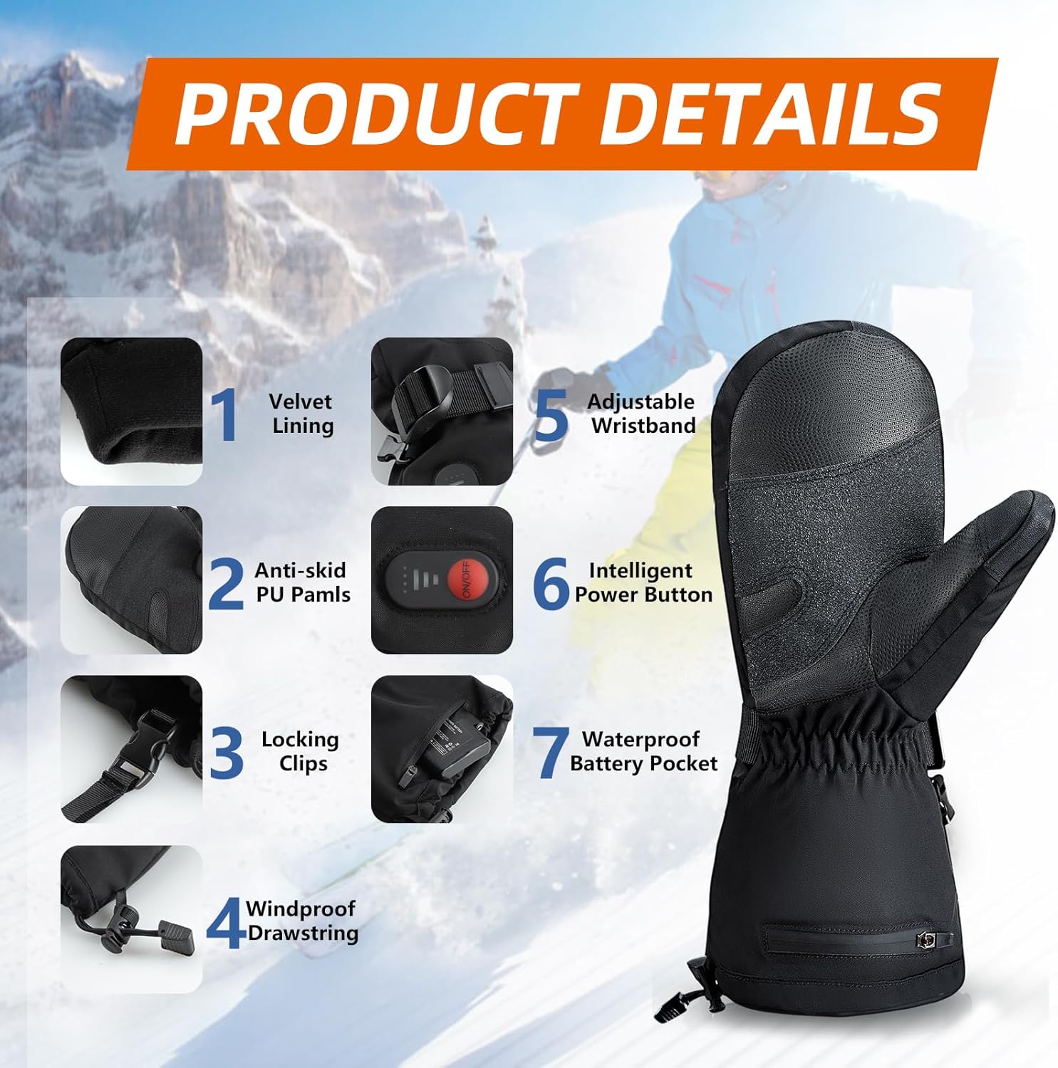 Kakashi Heated Mittens for Men Women, 7.4V 3200mAh Electric Battery Winter Heated Gloves, Waterproof Hand Warm Gloves for Ski Snowboarding Hunting Fishing - Image 4