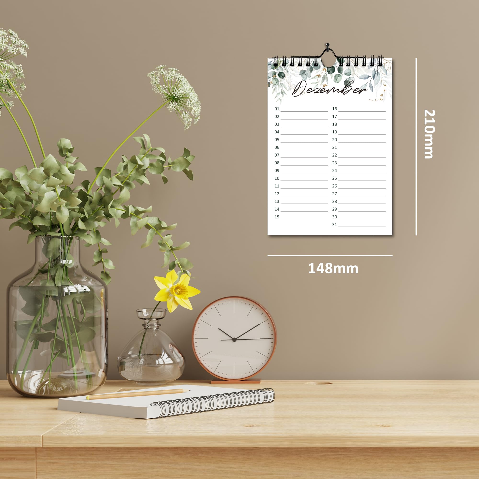 BIROYAL Kalendarz urodzinowy, 12 wzorów, bez daty, 14 × 21 cm, kalendarz urodzinowy na zawsze | kalendarz na urodziny i rocznicę I urodziny kalendarz ścienny, eukaliptus