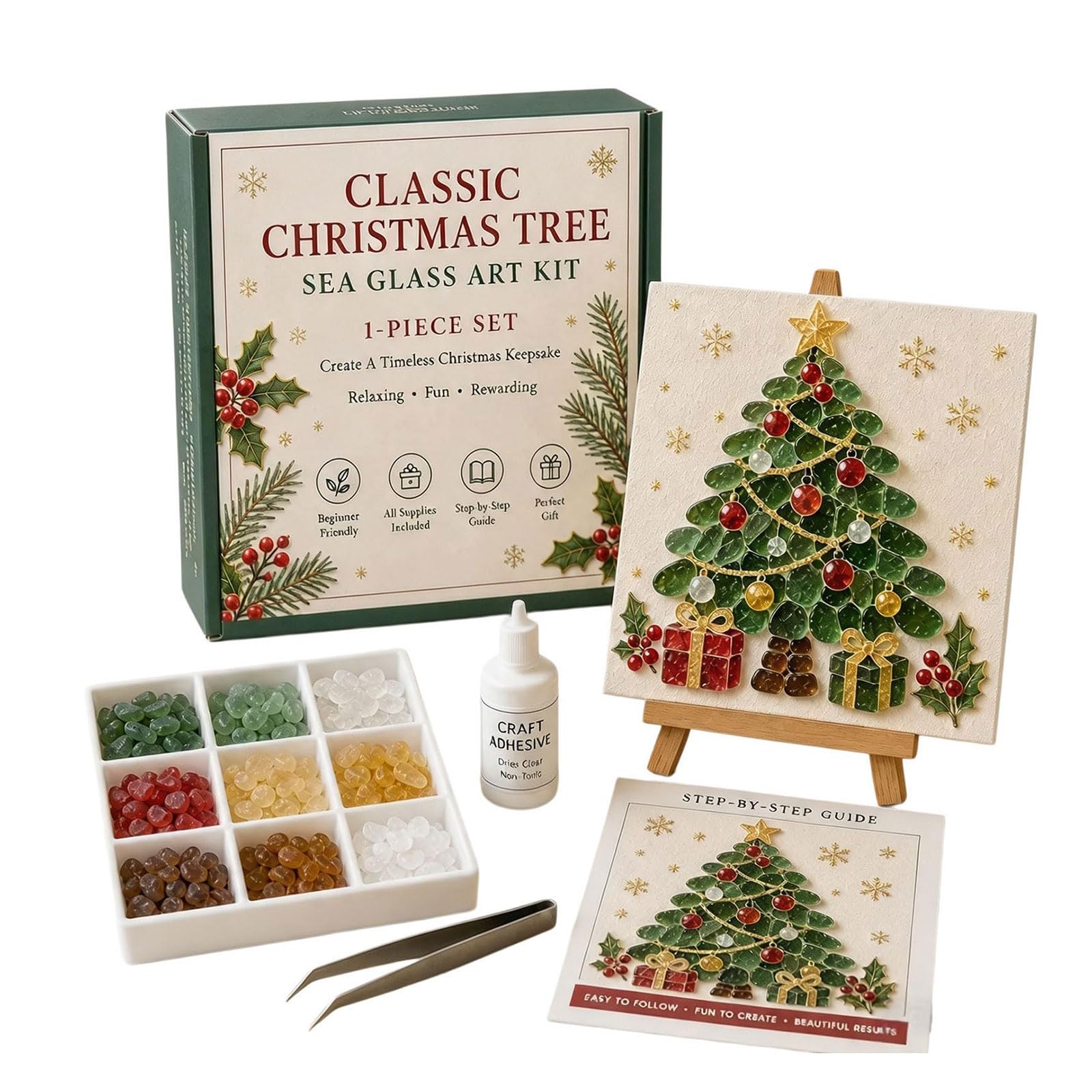 Christmas Sea Glass Art Kit, DIY Sea Glass Mosaic Art Kit for Beginner & Adults, Mosaic Craft Kit with Santa, Christmas Theme Artwork, DIY Home Decor, Craft Lovers Gift (# D)