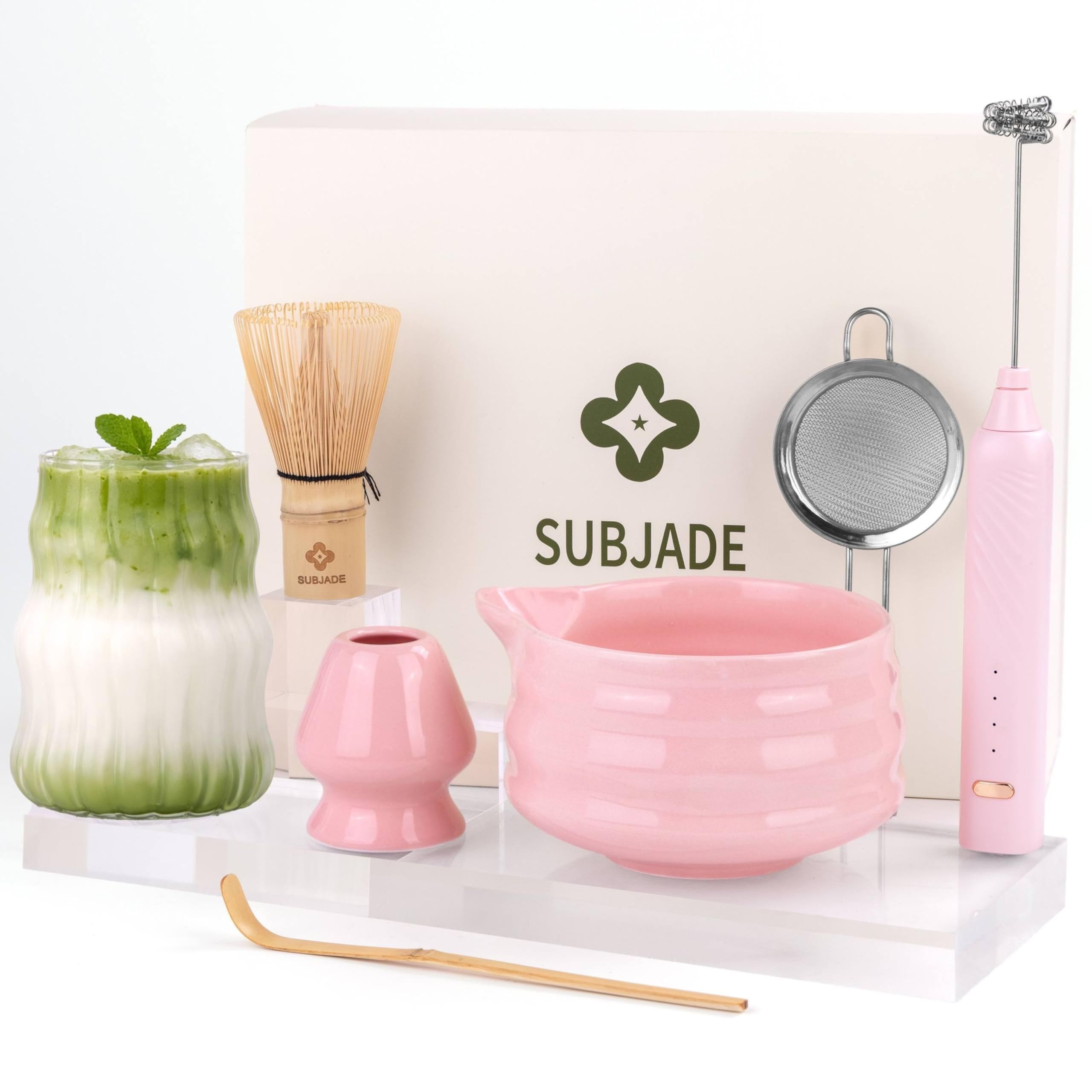 Kit Matcha – Matcha Kit Complet avec Bol Matcha 530ml Bec Verseur, Fouet Matcha Électrique & Chasen Bambou – Coffret Matcha Rose Premium, Set Matcha Débutant avec Accessoires Thé Matcha