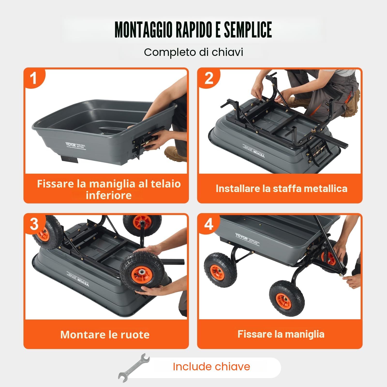 VEVOR Carrello Ribaltabile, Carrello Ribaltabile Giardino in Poly Telaio in Acciaio Facile da Montare, Carro Maniglia Convertibile 2 in 1, Carriola Utilitaria Capacità 272,15 kg, Pneumatici 254 mm