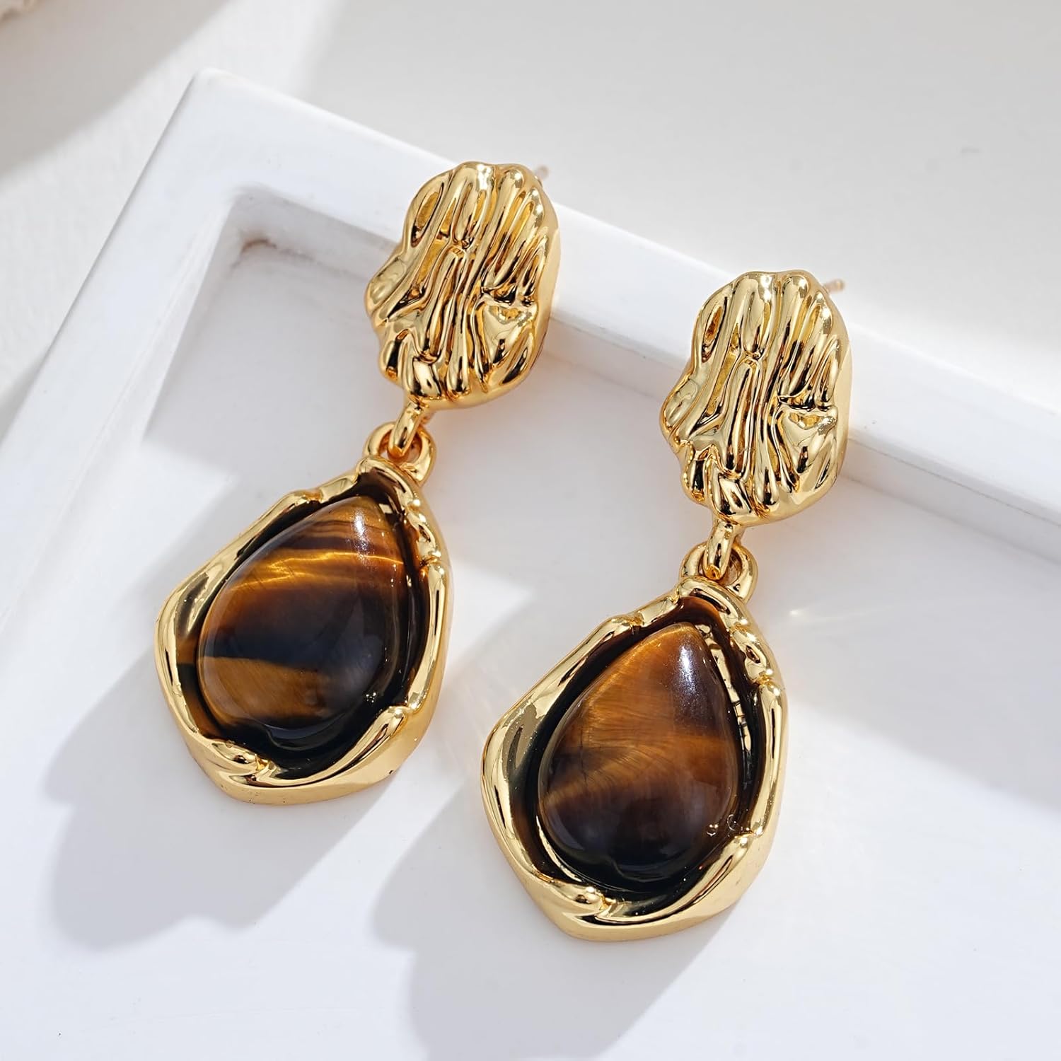 Teardrop Dangle Earrings for Women 14K Gold Plated Textured Brown Tiger Eye Drop Earring Statement Trendy Valentine Jewelry Gifts - Image 7