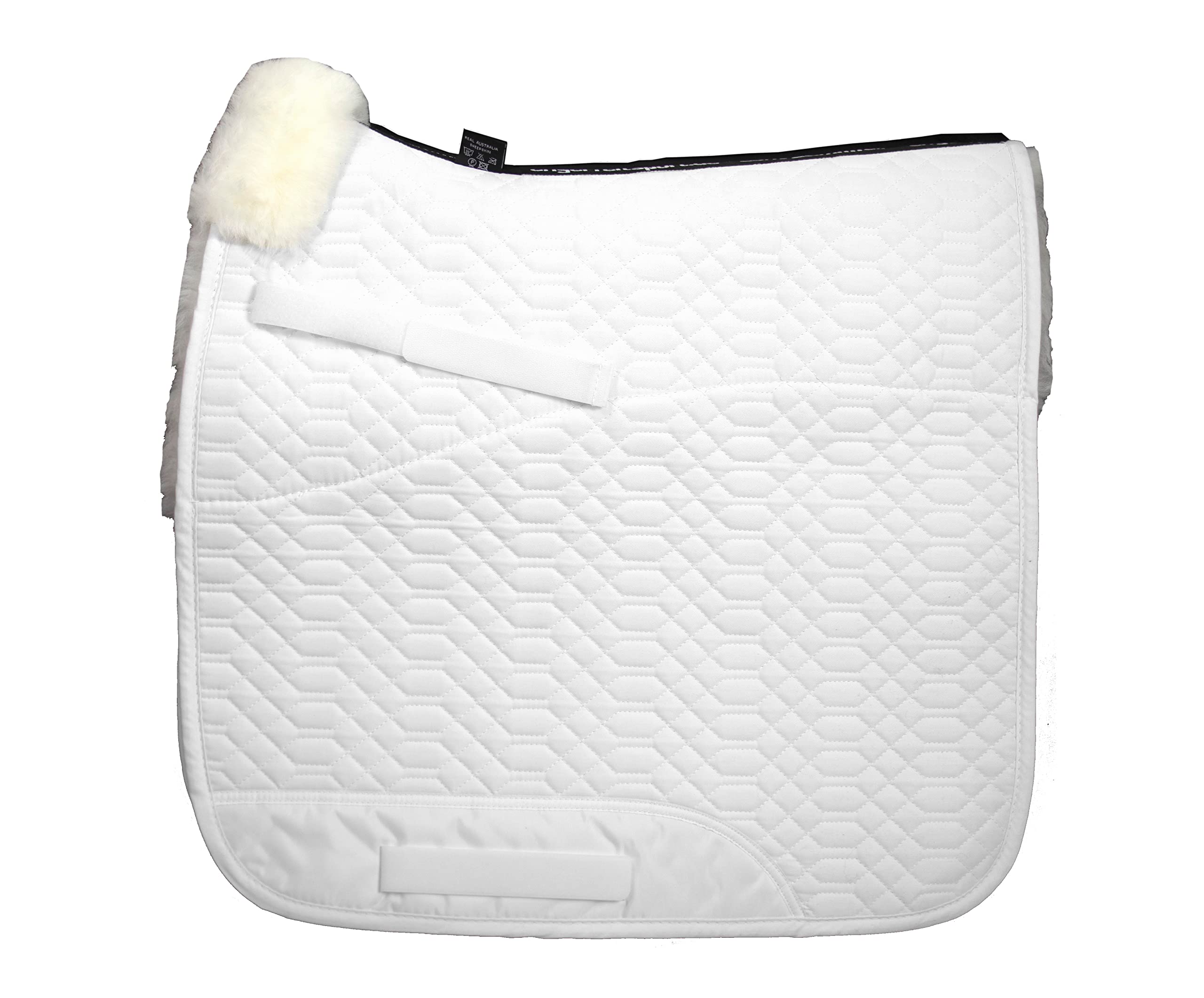 Engel Reitsport | SCHABRA1-D-WEI-WEI | Schabracke | Steppstoff | Lammfell im Sattelbereich | Half Lined | Fellkranz vorne | Dressur | Stoff weiß Fell weiß