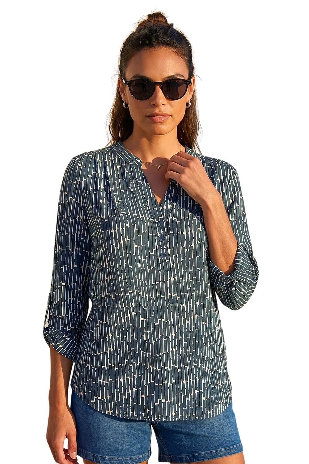 Roman Shirt for Women UK Ladies Top Collarless Blouse Stretchy Tunic Smart Casual Autumn Winter Jersey 3/4 Length Sleeve Notch V Neck Flattering Office Work - Khaki Ivory - Size 20